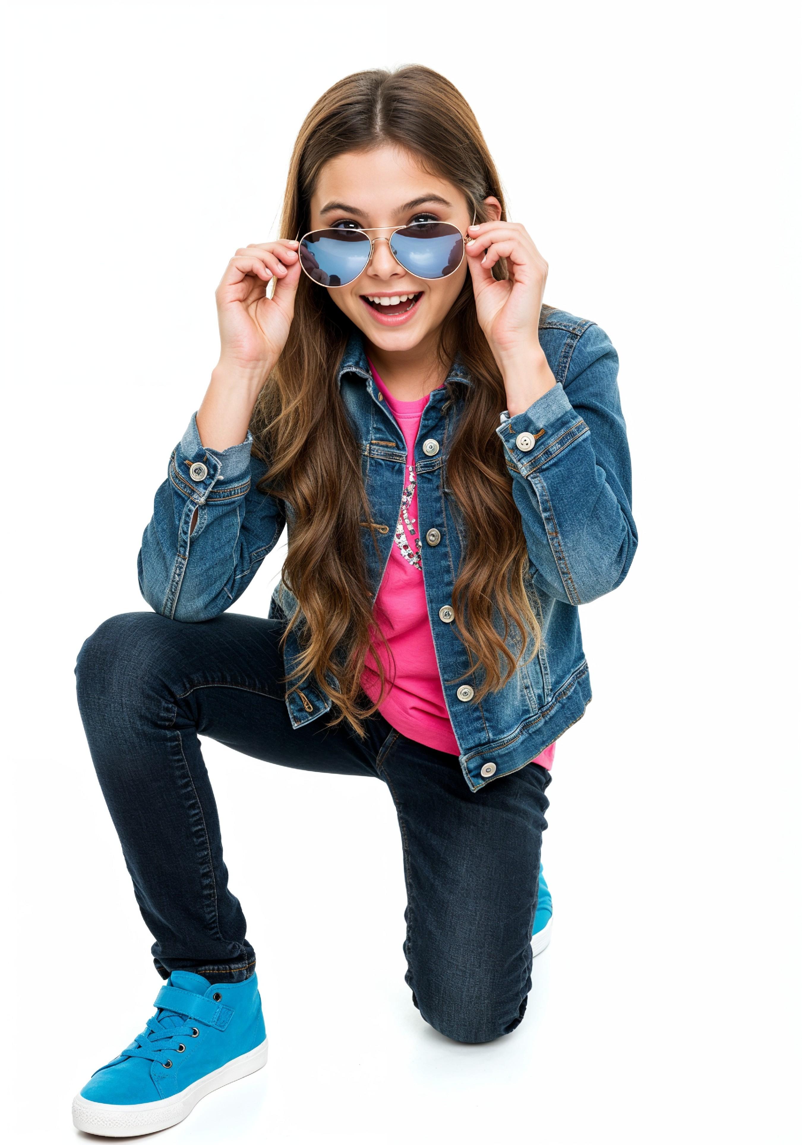 Adorable Young Girl in Denim Jacket and Sunglasses Posing on White Background Portrait