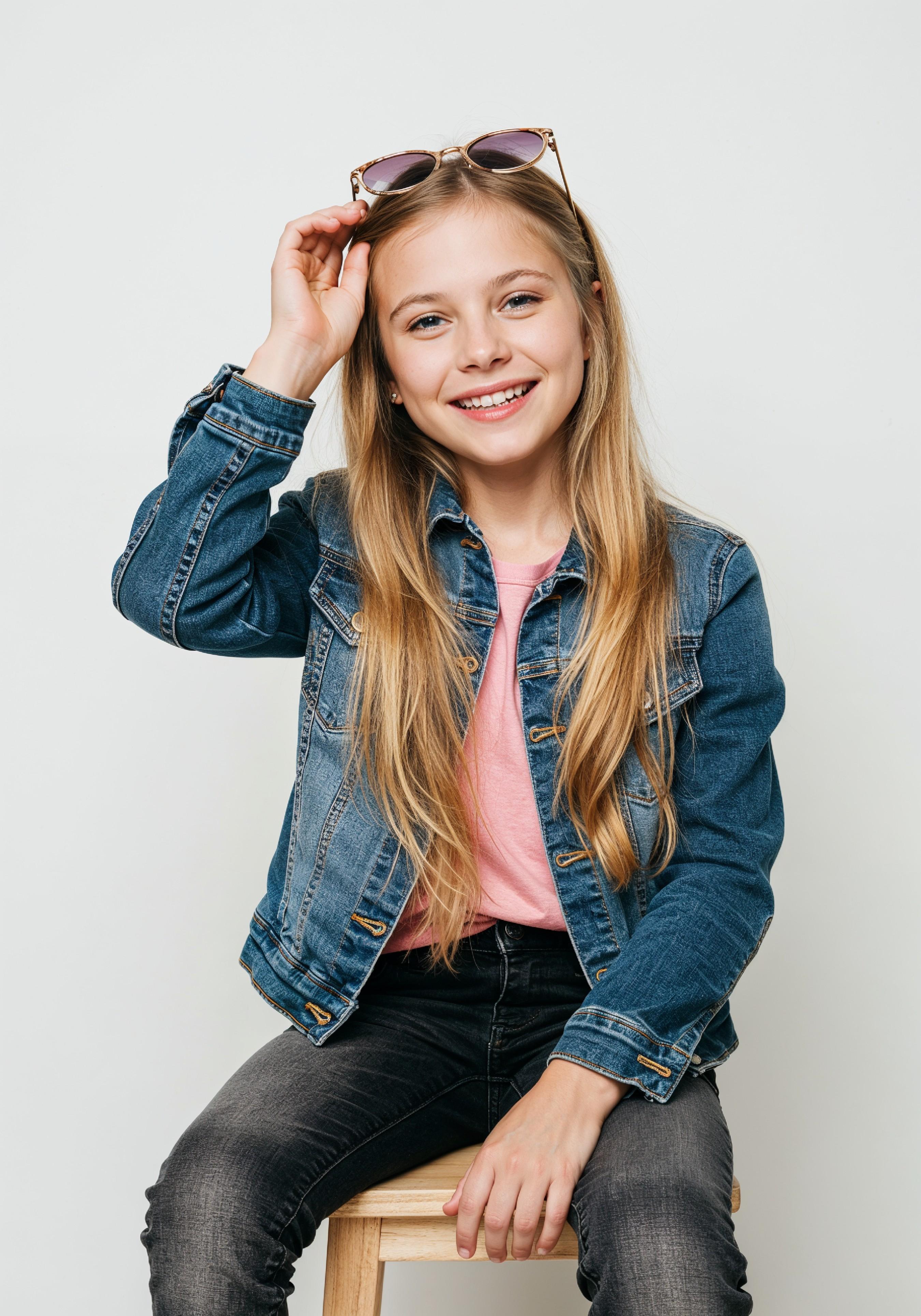 Adorable Young Girl in Denim Jacket and Sunglasses Posing on White Background Portrait