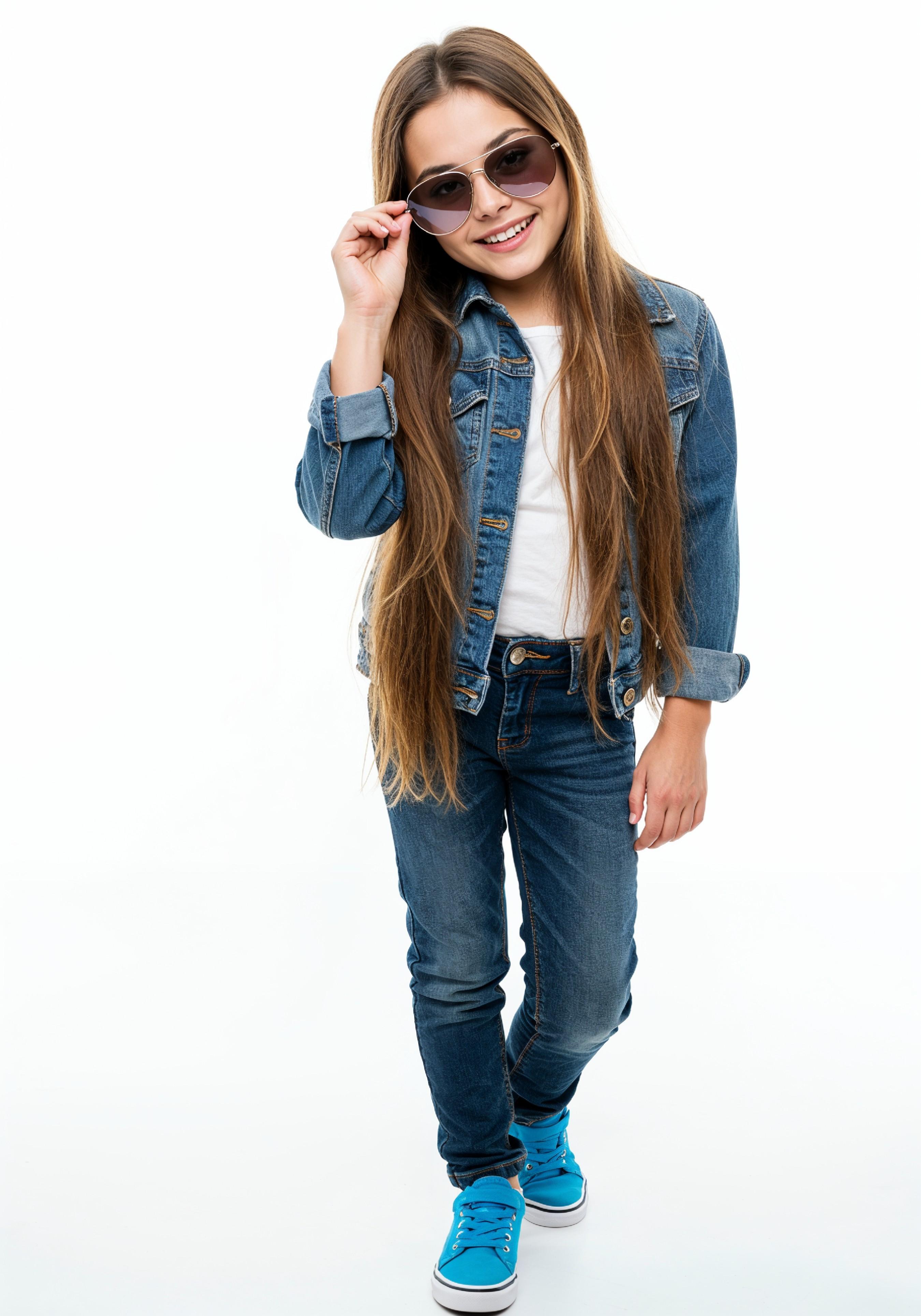 Adorable Young Girl in Denim Jacket and Sunglasses Posing on White Background Portrait