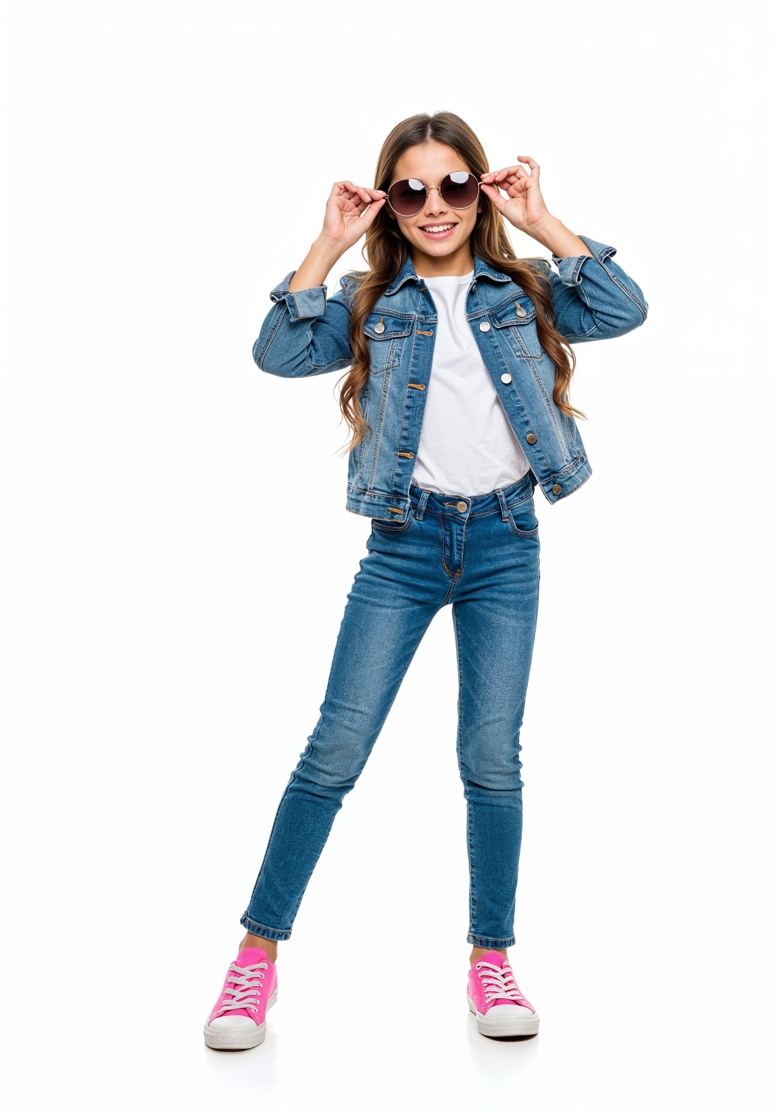 Adorable Young Girl in Denim Jacket and Sunglasses Posing on White Background Portrait