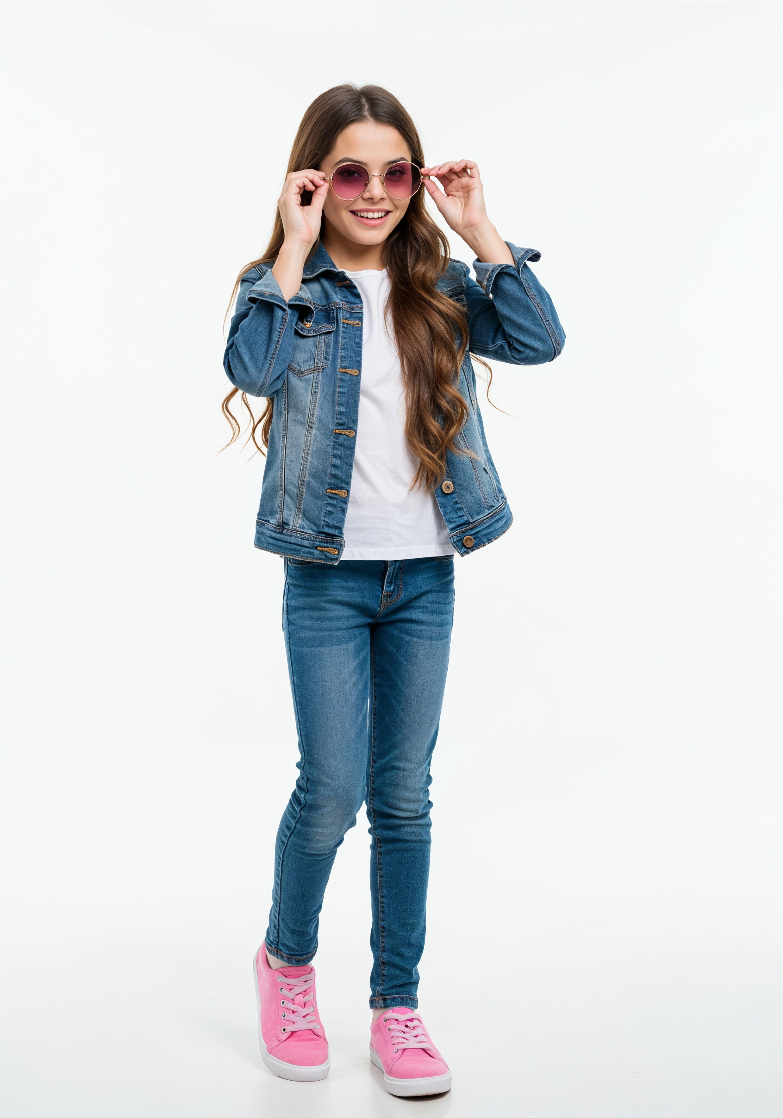 Adorable Young Girl in Denim Jacket and Sunglasses Posing on White Background Portrait