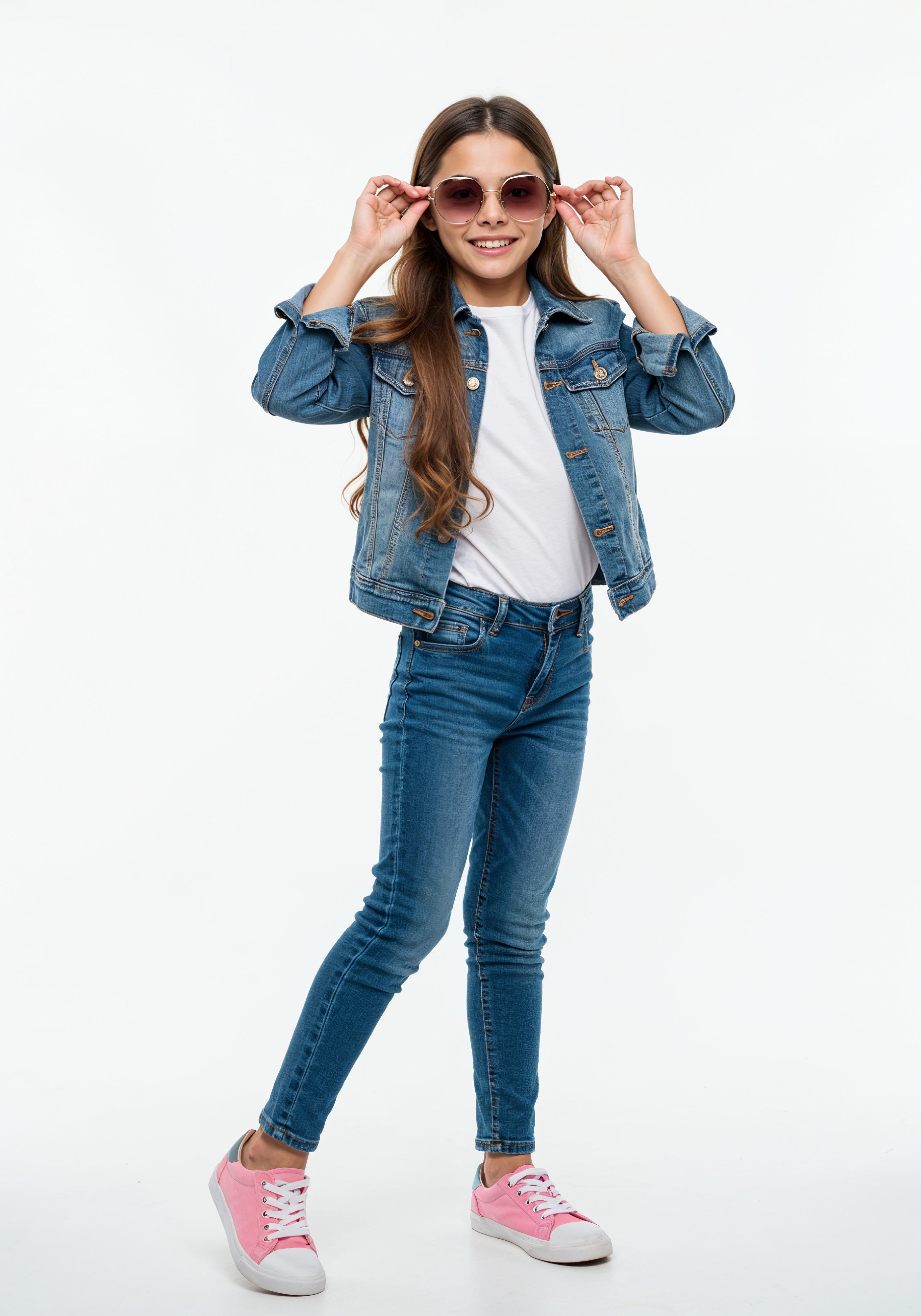 Adorable Young Girl in Denim Jacket and Sunglasses Posing on White Background Portrait