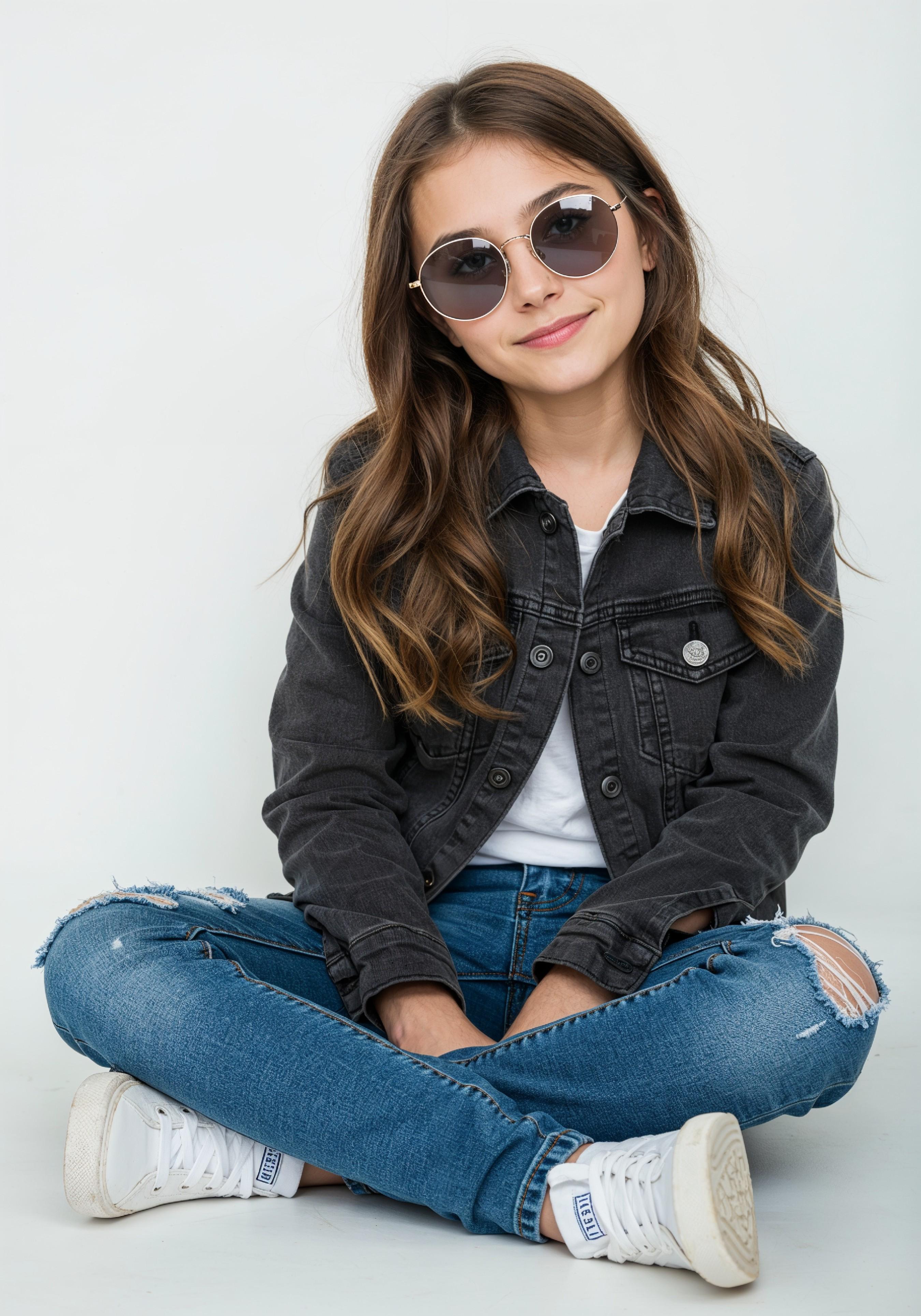 Adorable Young Girl in Denim Jacket and Sunglasses Posing on White Background Portrait