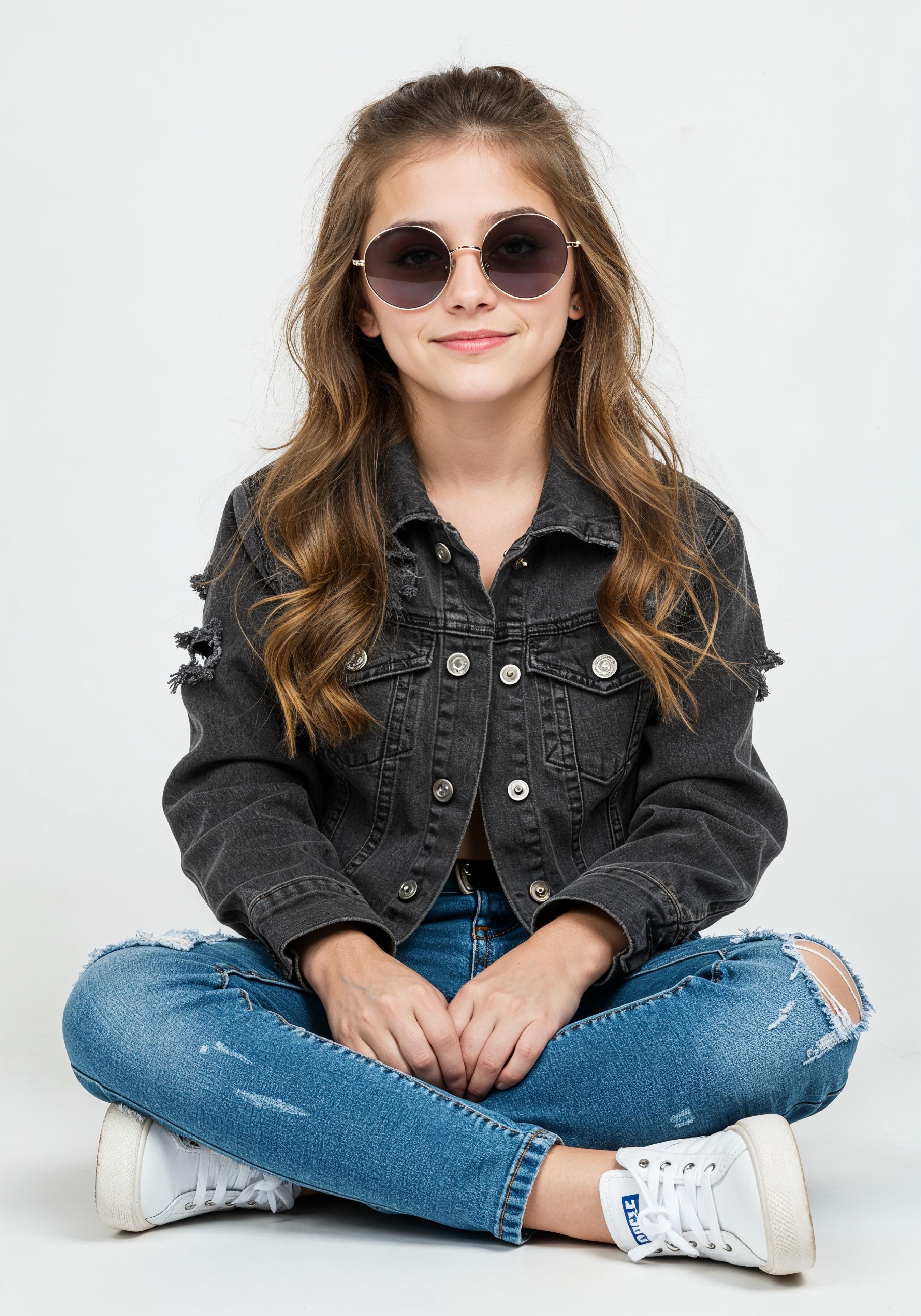 Adorable Young Girl in Denim Jacket and Sunglasses Posing on White Background Portrait
