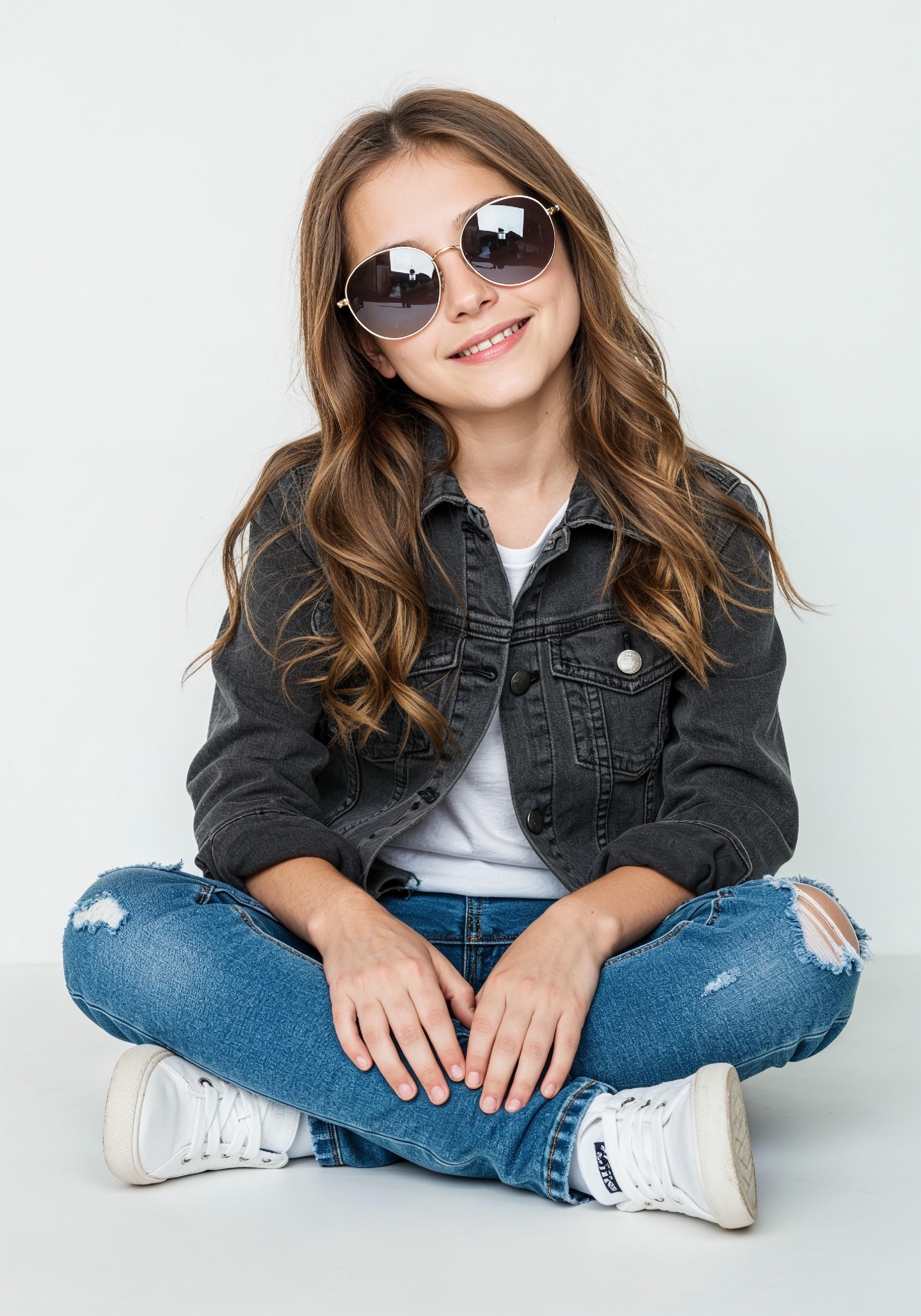 Adorable Young Girl in Denim Jacket and Sunglasses Posing on White Background Portrait