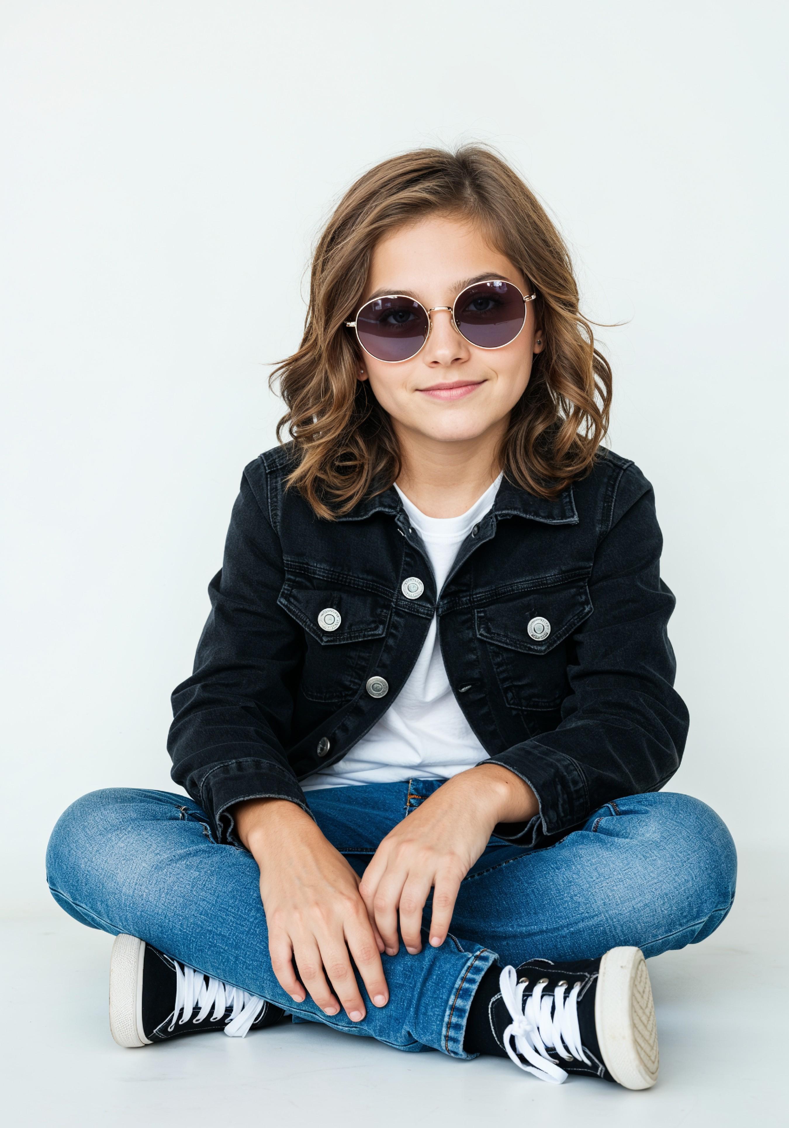 Adorable Young Girl in Denim Jacket and Sunglasses Posing on White Background Portrait