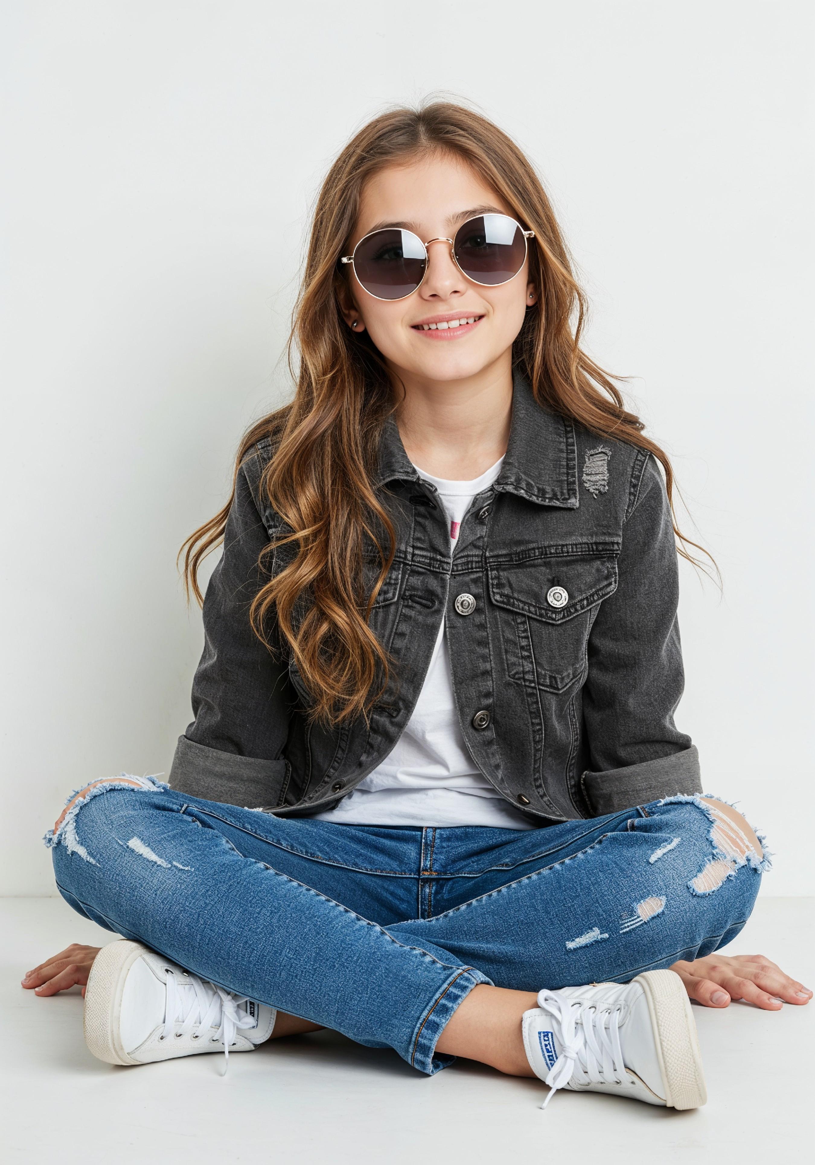 Adorable Young Girl in Denim Jacket and Sunglasses Posing on White Background Portrait