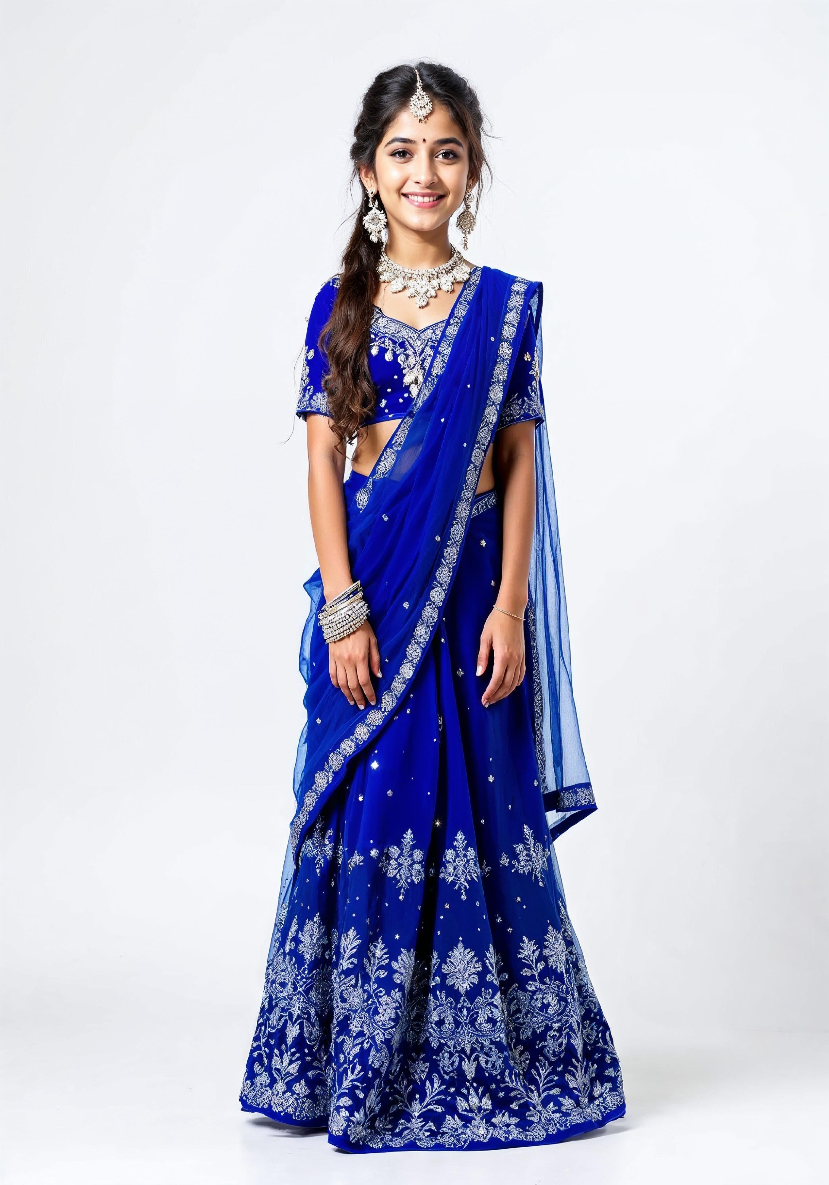 Beautiful Indian Girl in Traditional Lehenga Choli Standing Isolated on White Background