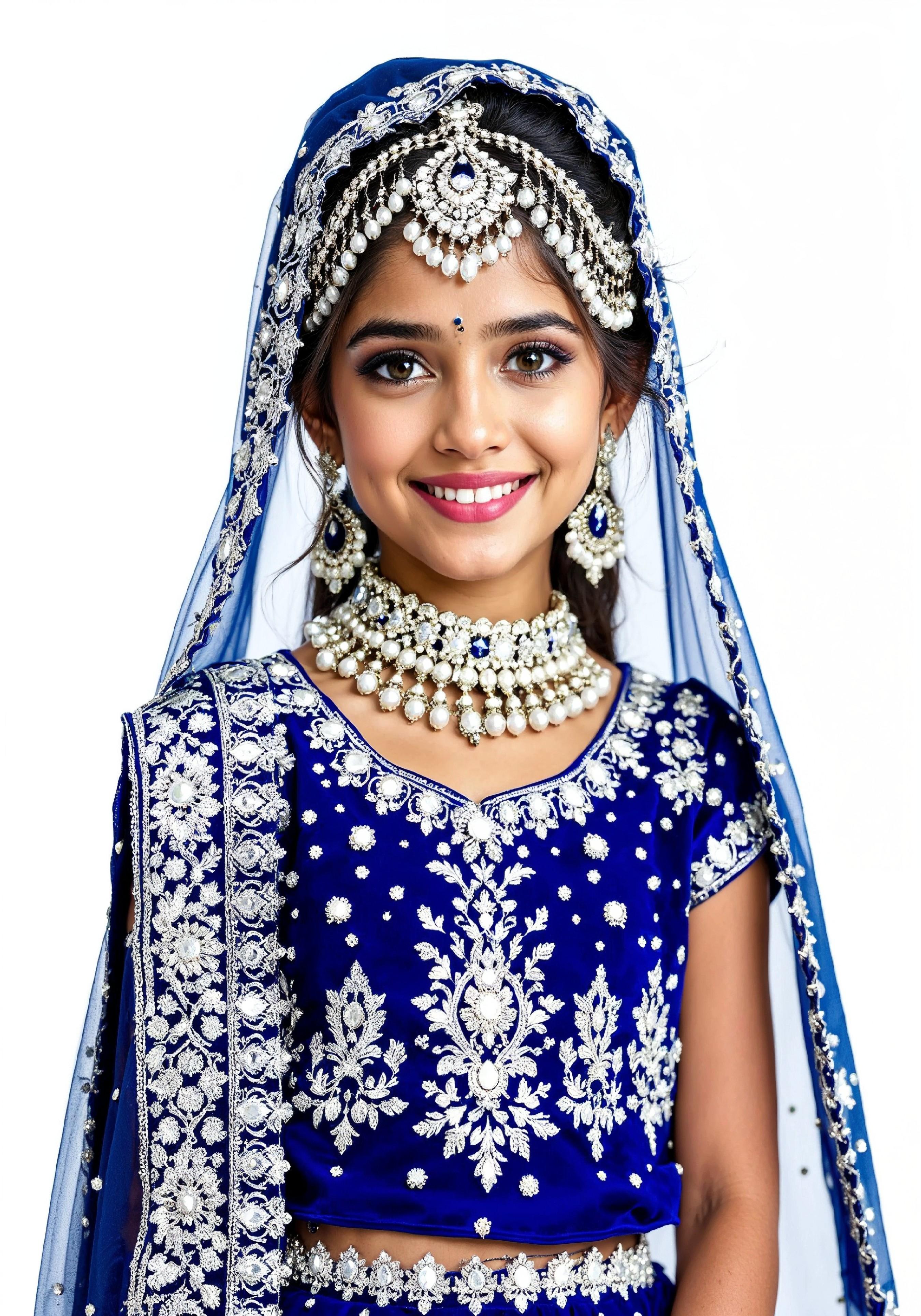 Beautiful Indian Girl in Traditional Lehenga Choli Standing Isolated on White Background