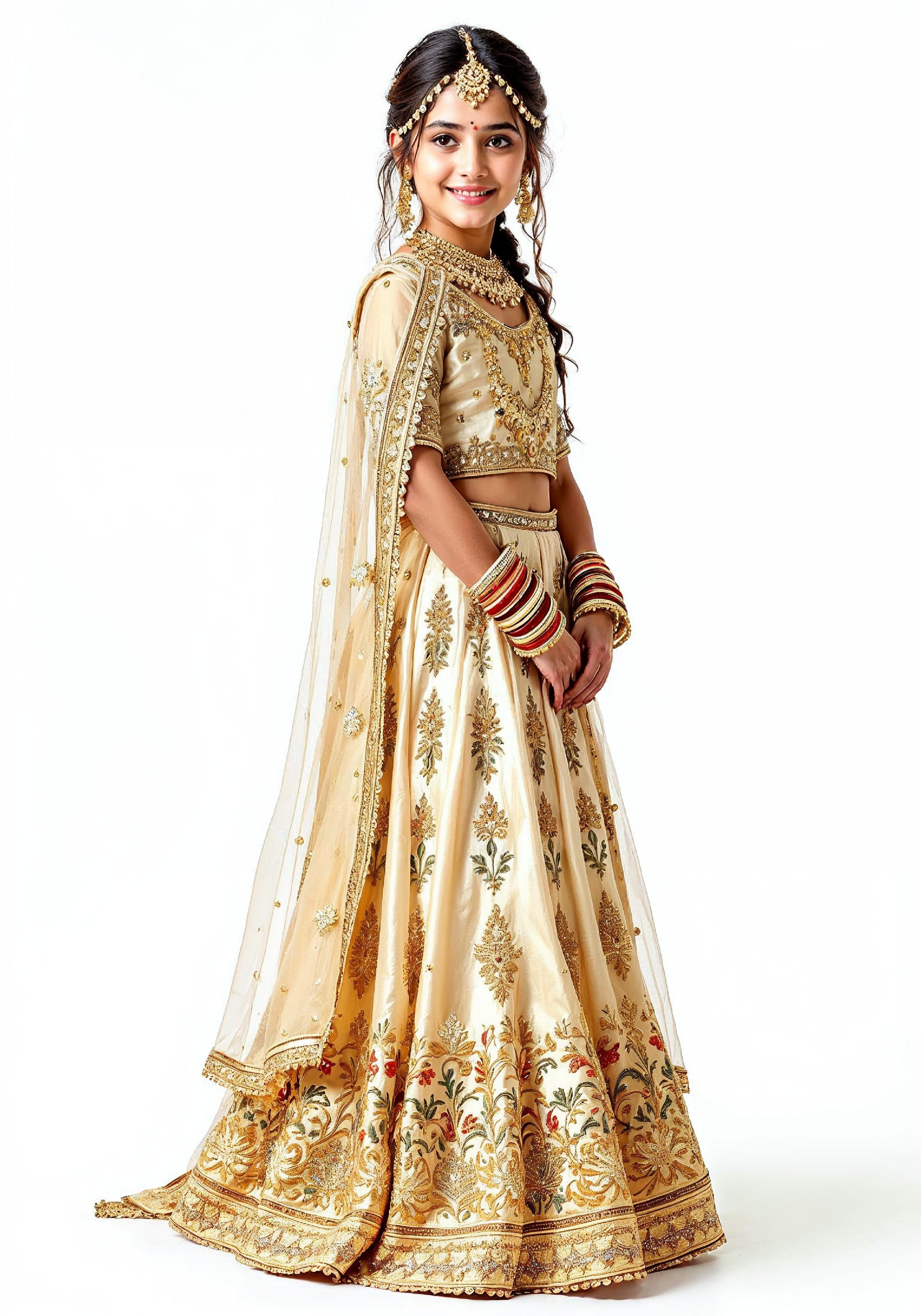 Beautiful Indian Girl in Traditional Lehenga Choli Standing Isolated on White Background