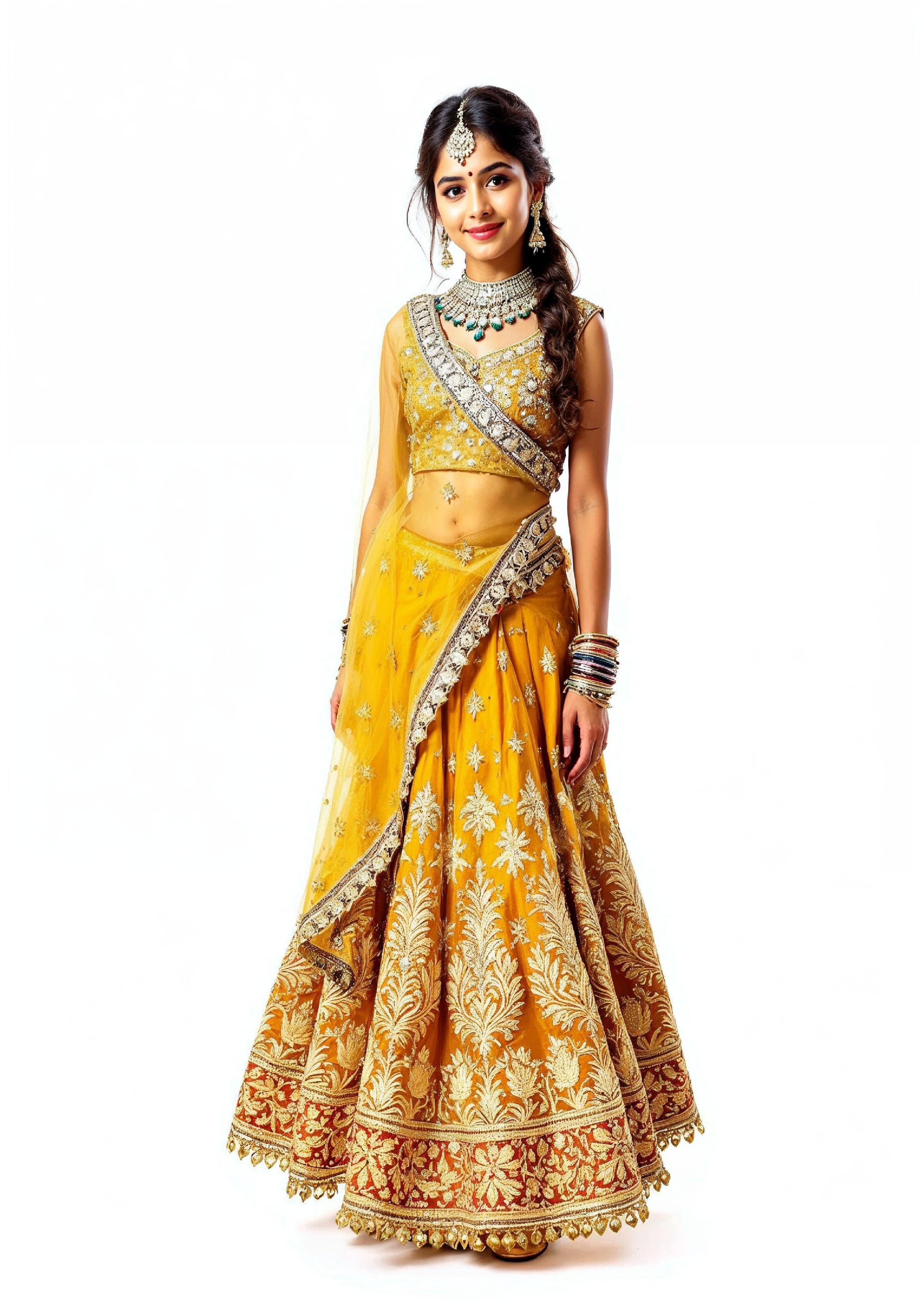 Beautiful Indian Girl in Traditional Lehenga Choli Standing Isolated on White Background