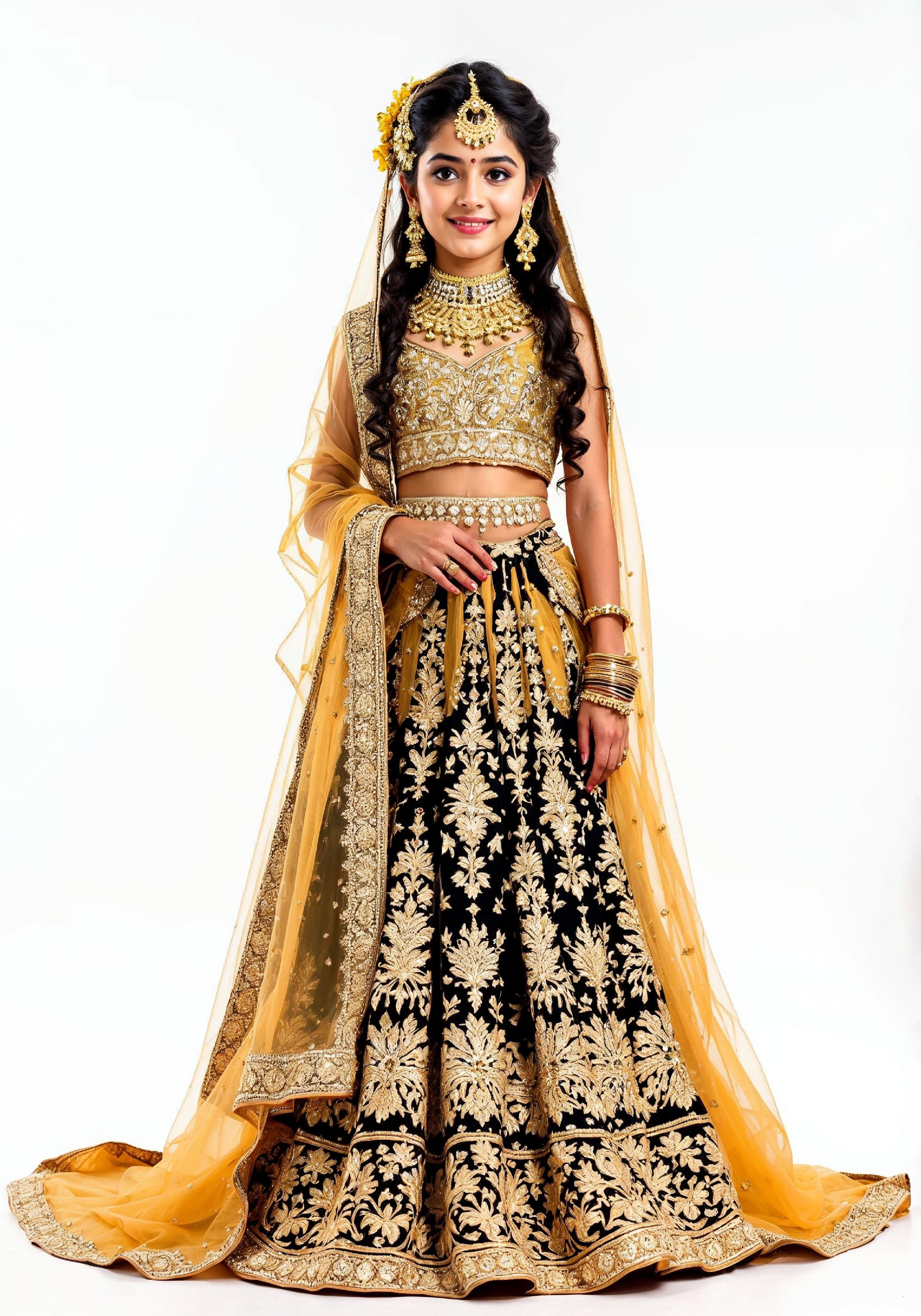 Beautiful Indian Girl in Traditional Lehenga Choli Standing Isolated on White Background
