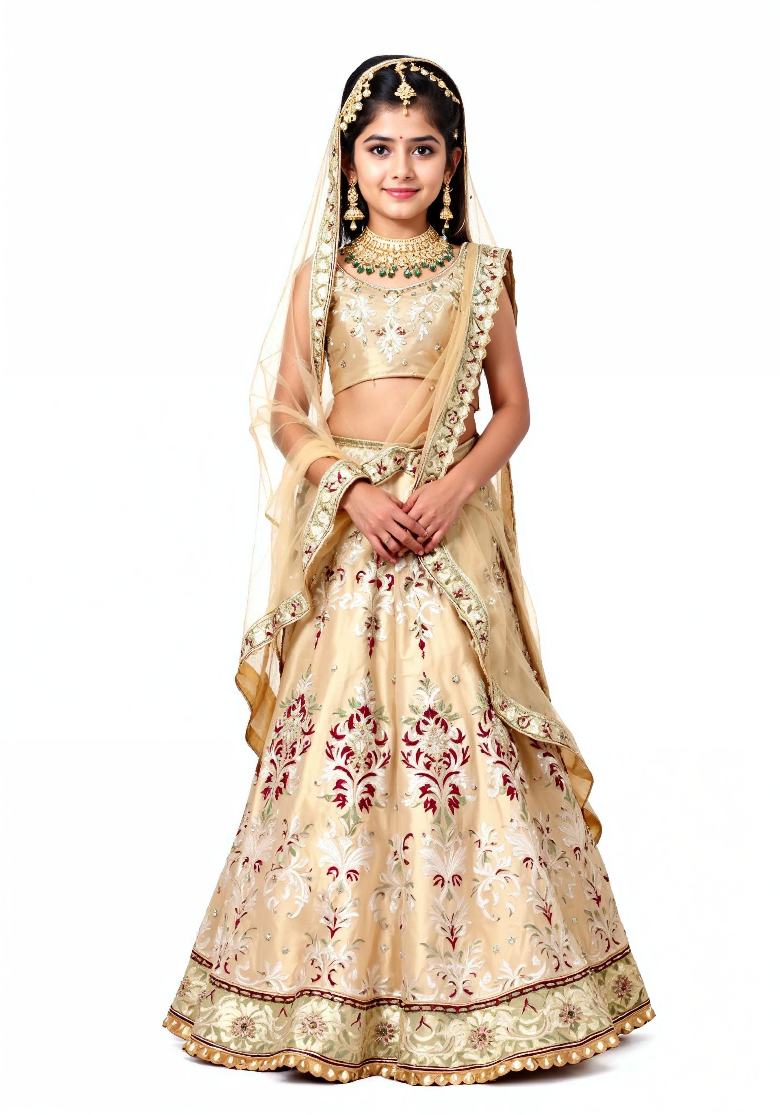 Beautiful Indian Girl in Traditional Lehenga Choli Standing Isolated on White Background