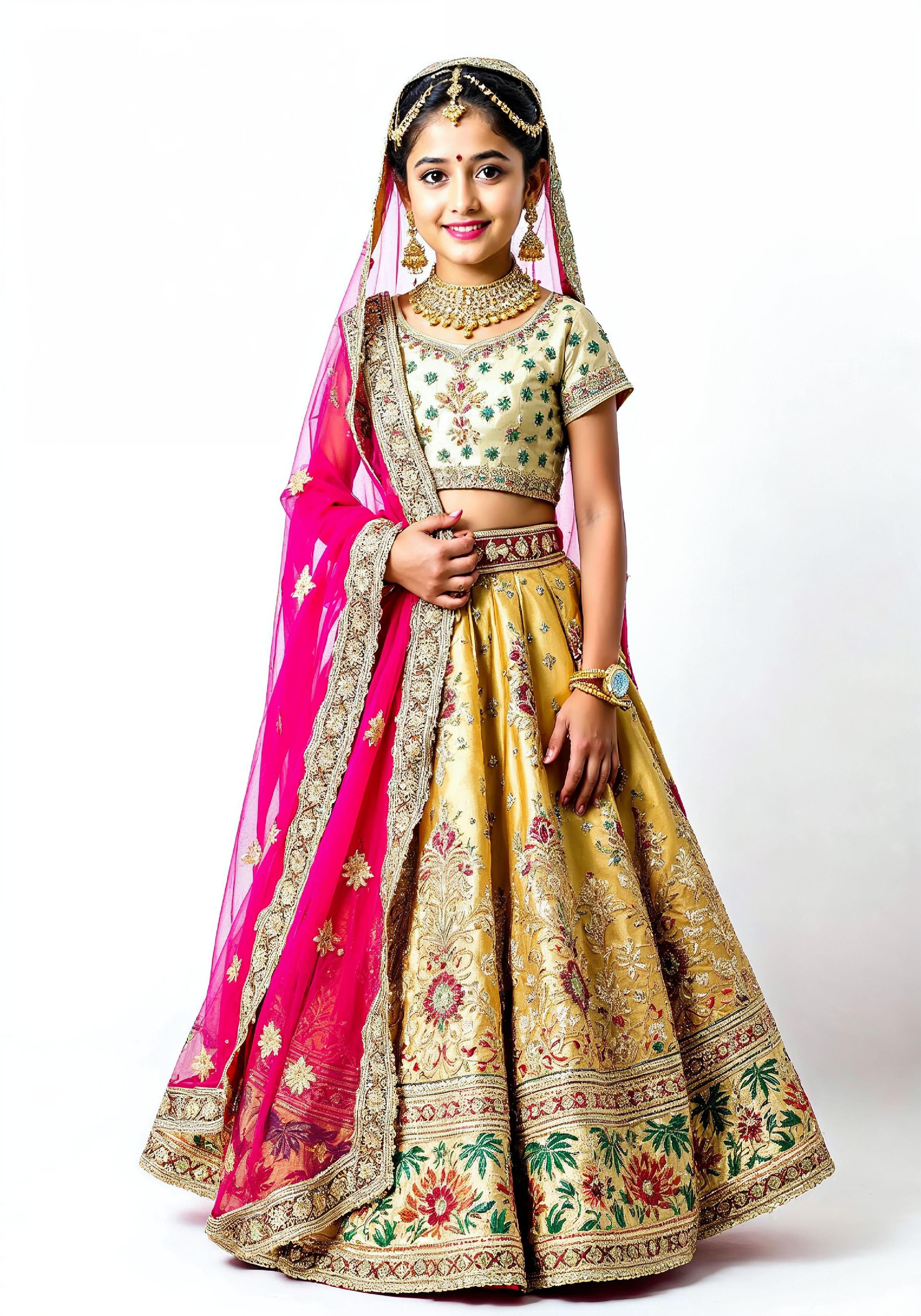 Beautiful Indian Girl in Traditional Lehenga Choli Standing Isolated on White Background