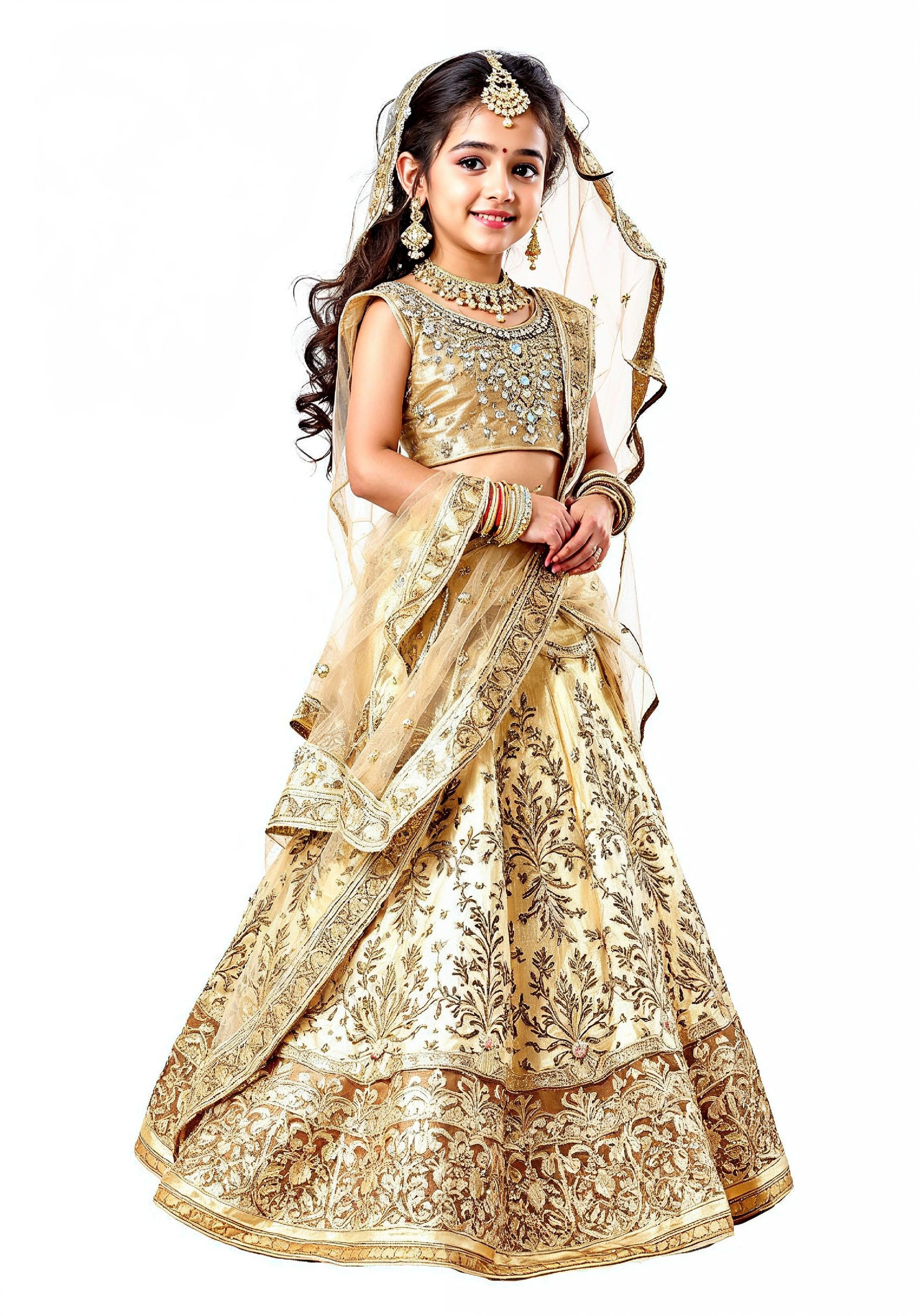 Beautiful Indian Girl in Traditional Lehenga Choli Standing Isolated on White Background