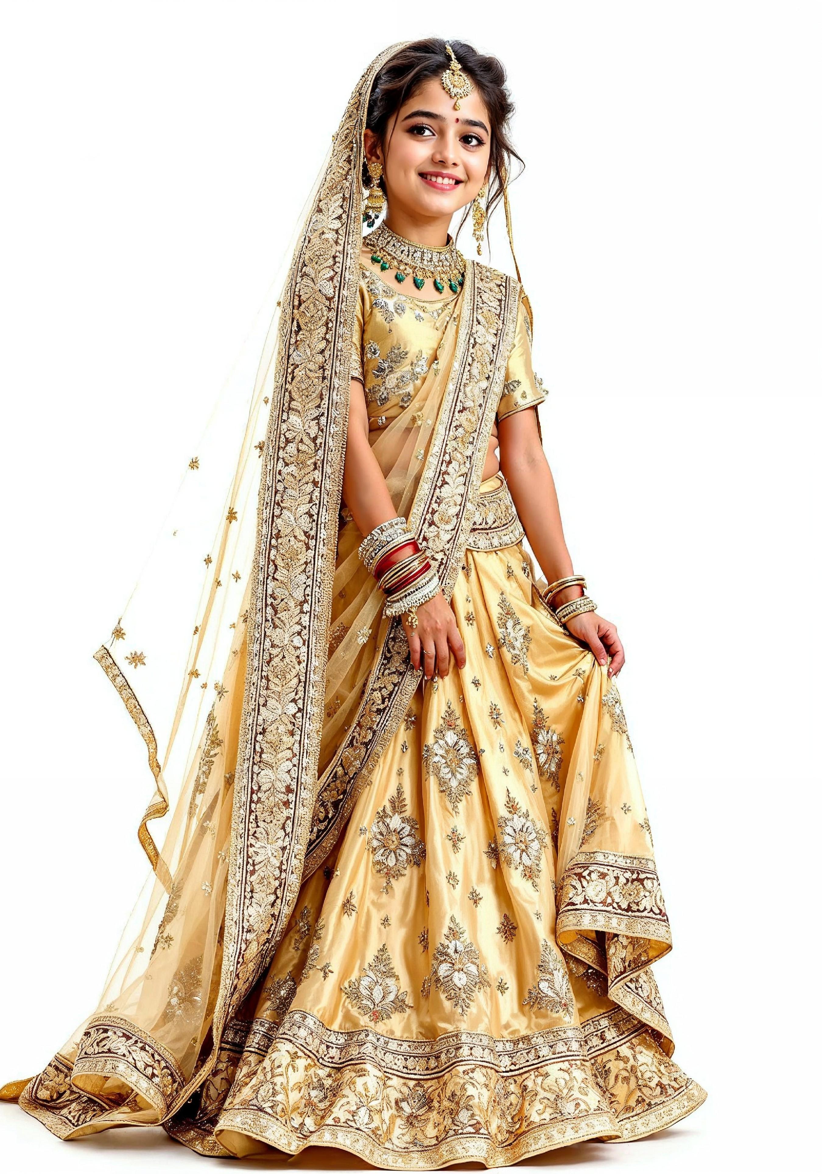 Beautiful Indian Girl in Traditional Lehenga Choli Standing Isolated on White Background