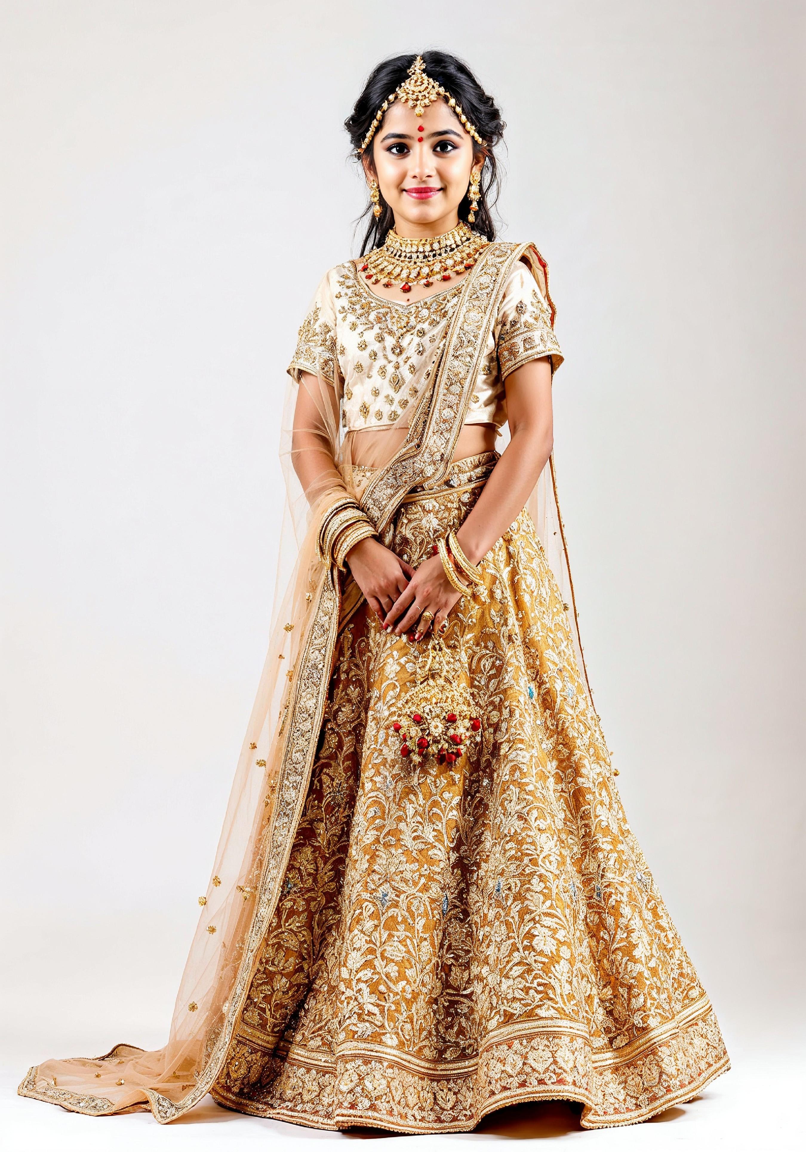 Beautiful Indian Girl in Traditional Lehenga Choli Standing Isolated on White Background