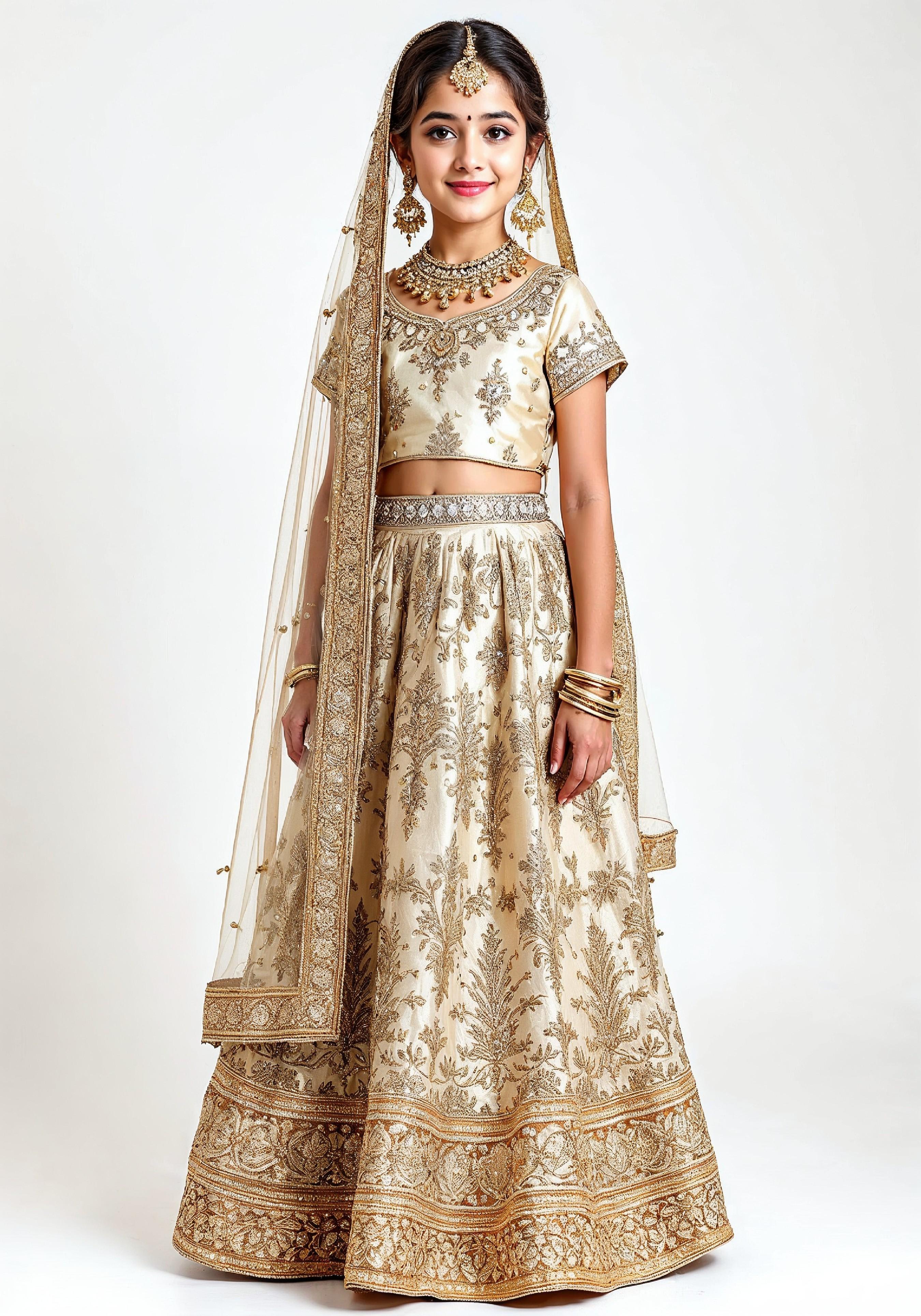 Beautiful Indian Girl in Traditional Lehenga Choli Standing Isolated on White Background