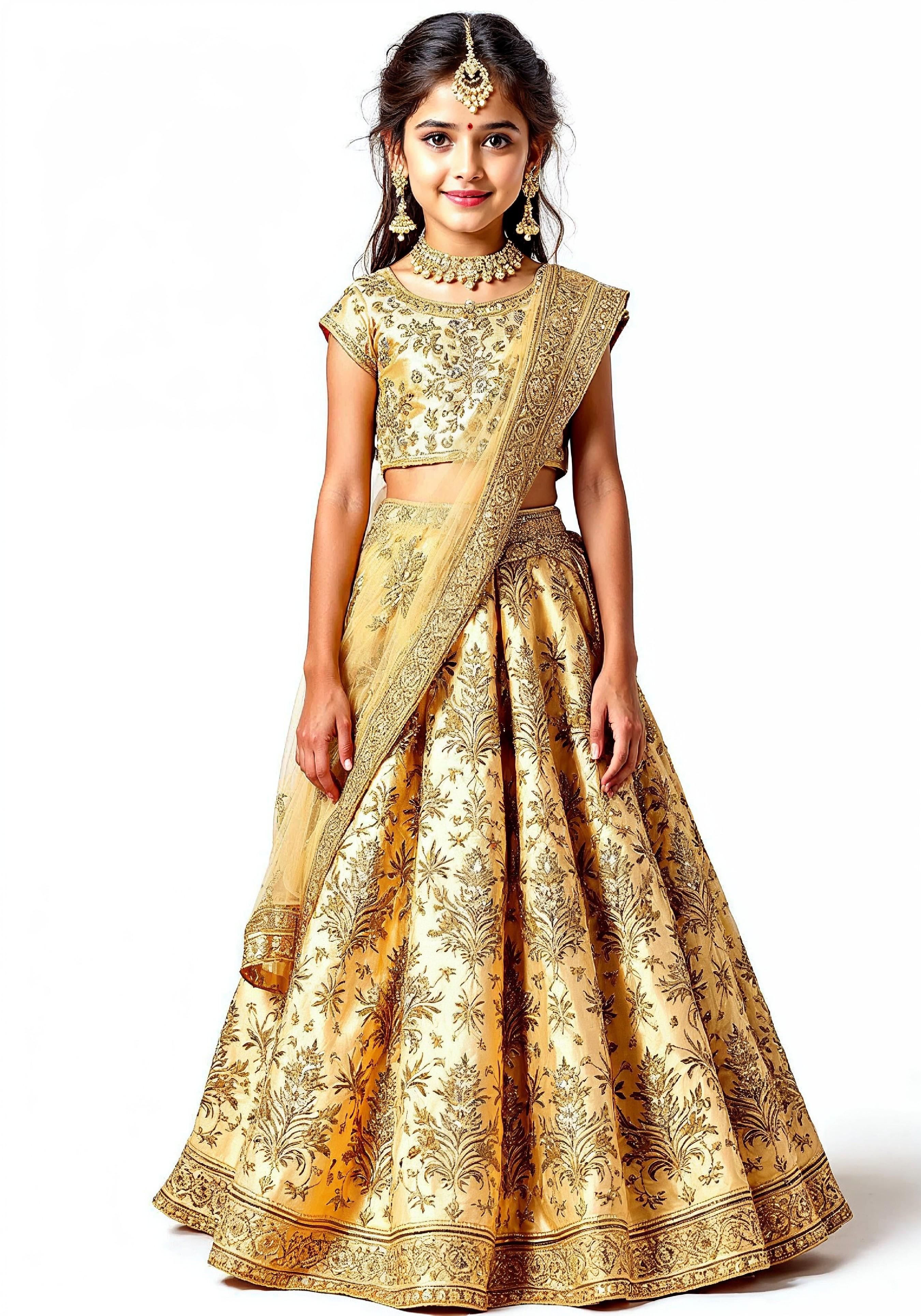 Beautiful Indian Girl in Traditional Lehenga Choli Standing Isolated on White Background
