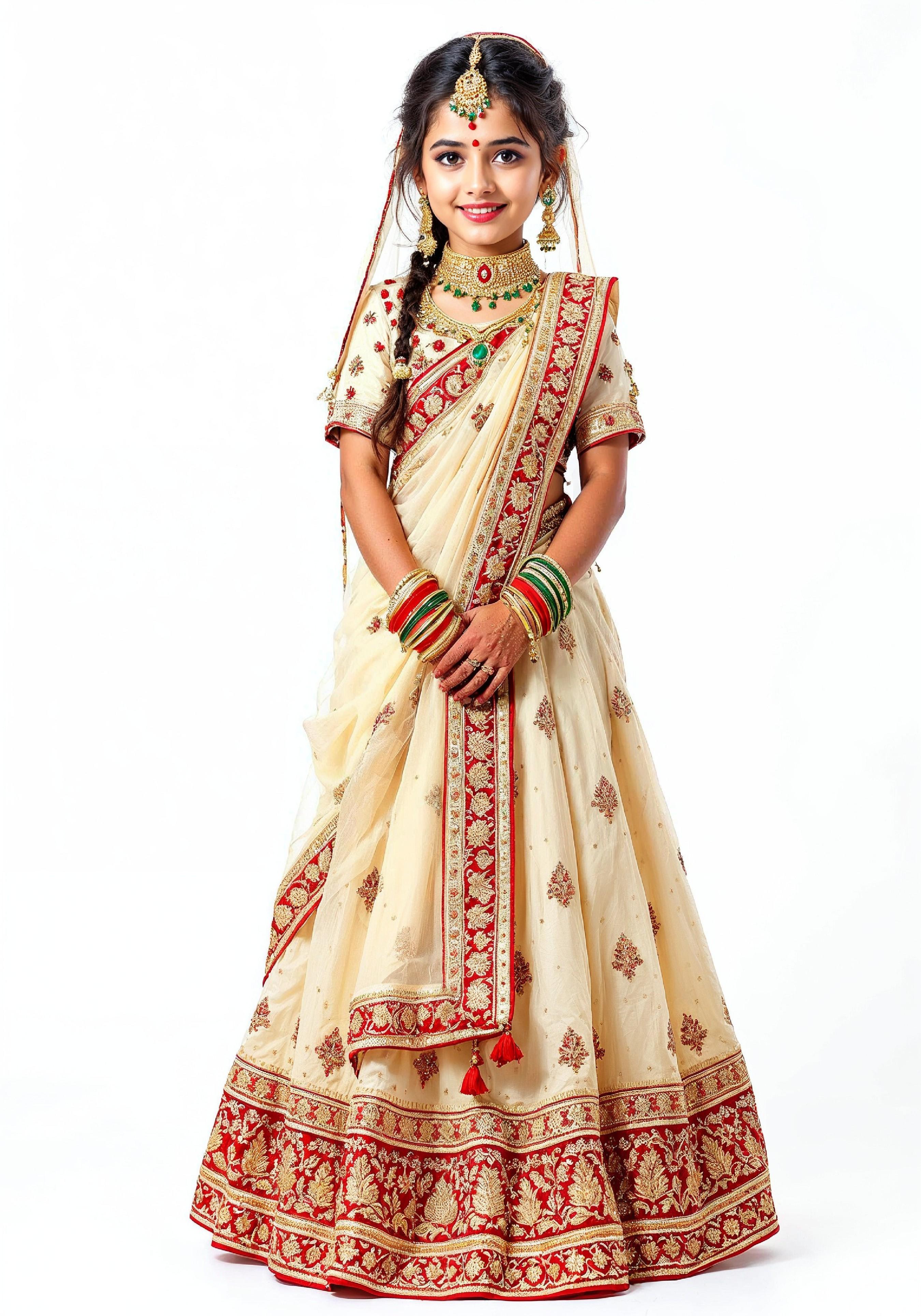 Beautiful Indian Girl in Traditional Lehenga Choli Standing Isolated on White Background