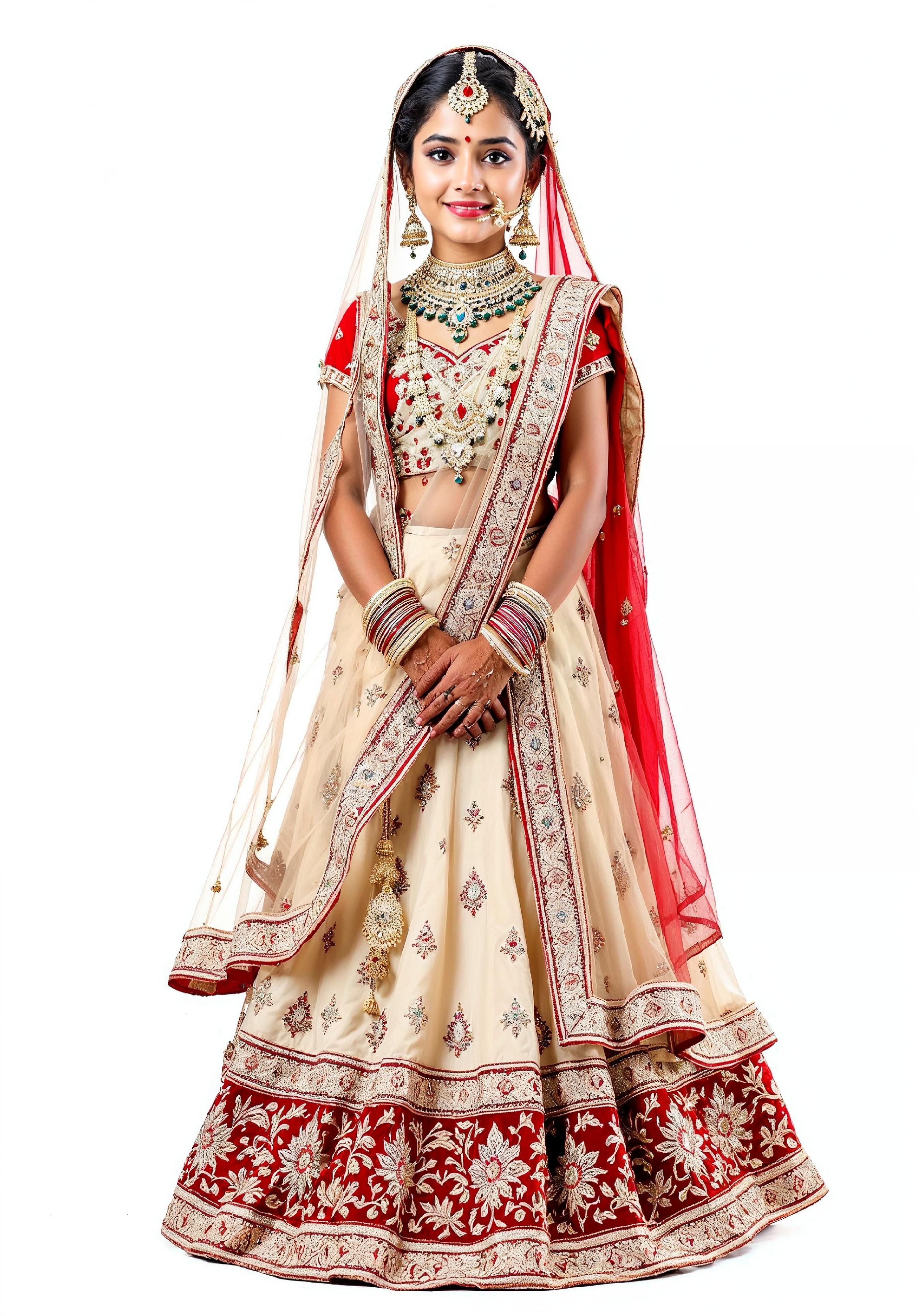 Beautiful Indian Girl in Traditional Lehenga Choli Standing Isolated on White Background