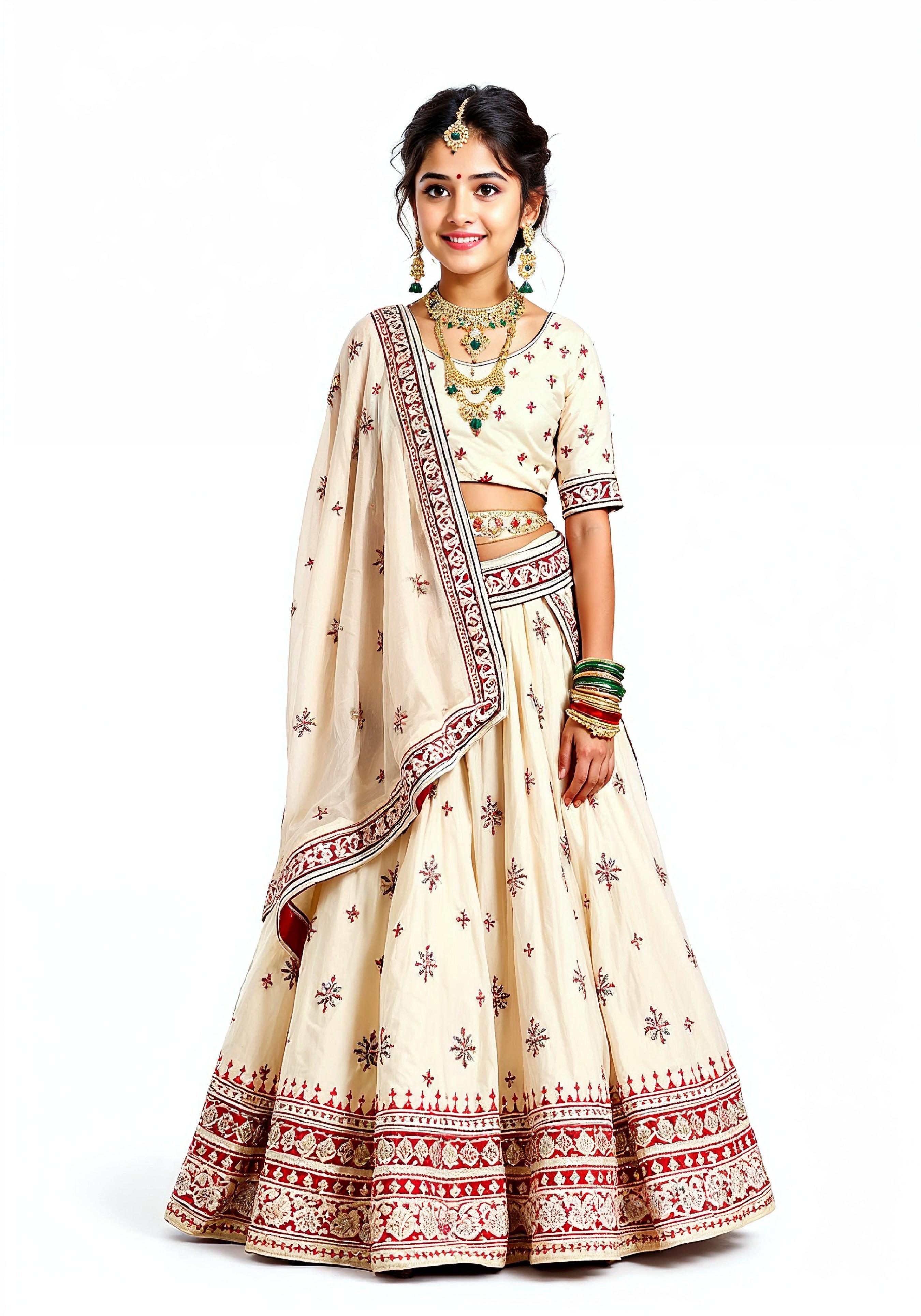 Beautiful Indian Girl in Traditional Lehenga Choli Standing Isolated on White Background