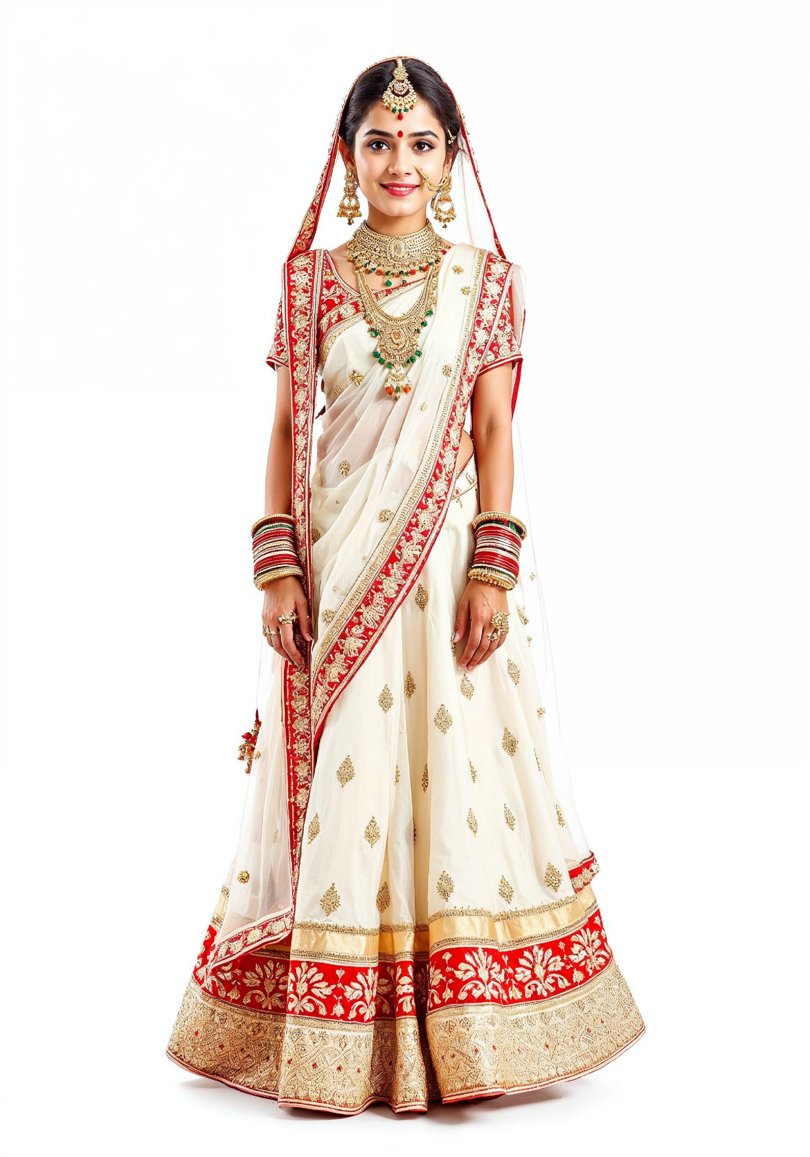 Beautiful Indian Girl in Traditional Lehenga Choli Standing Isolated on White Background