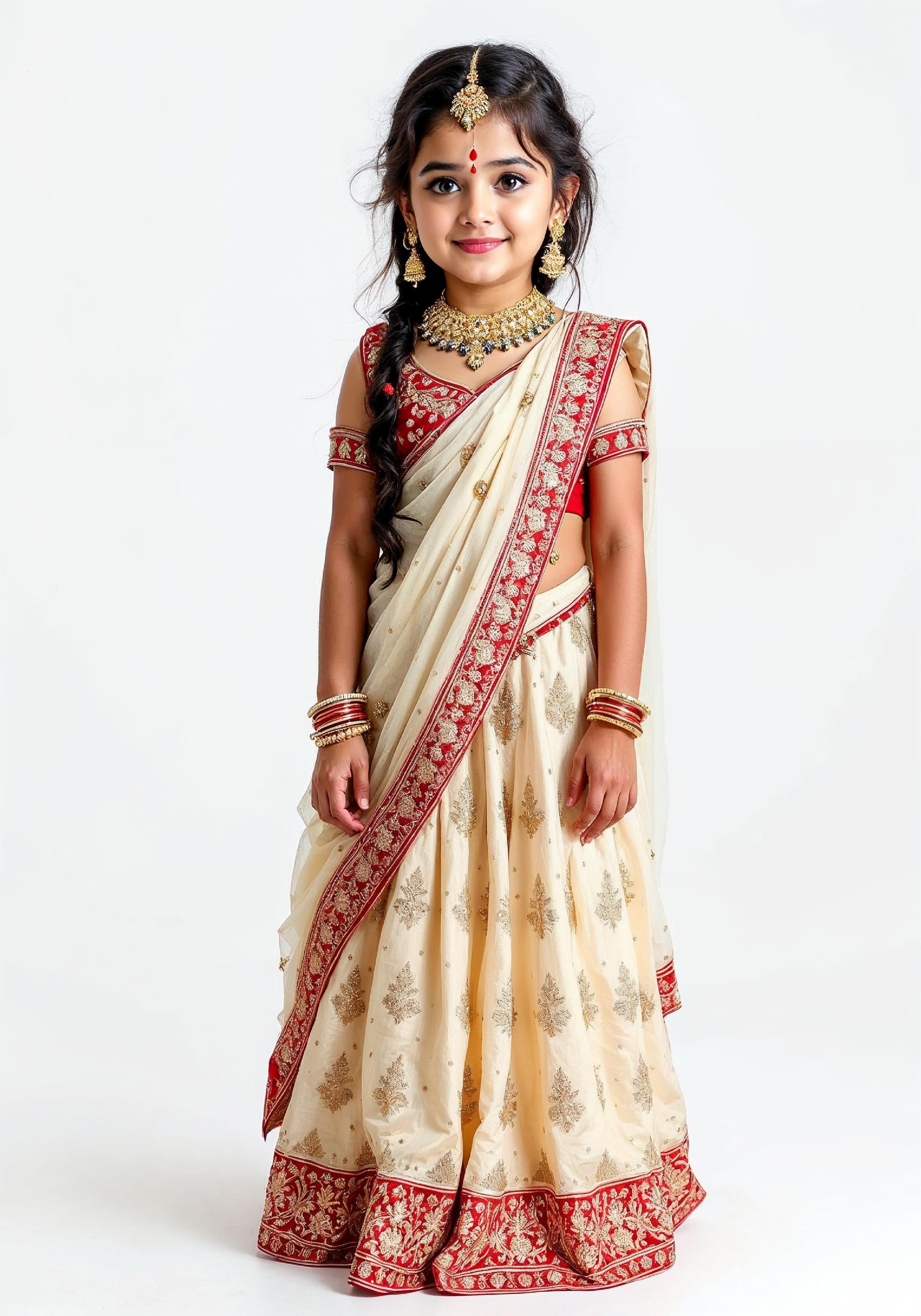Beautiful Indian Girl in Traditional Lehenga Choli Standing Isolated on White Background