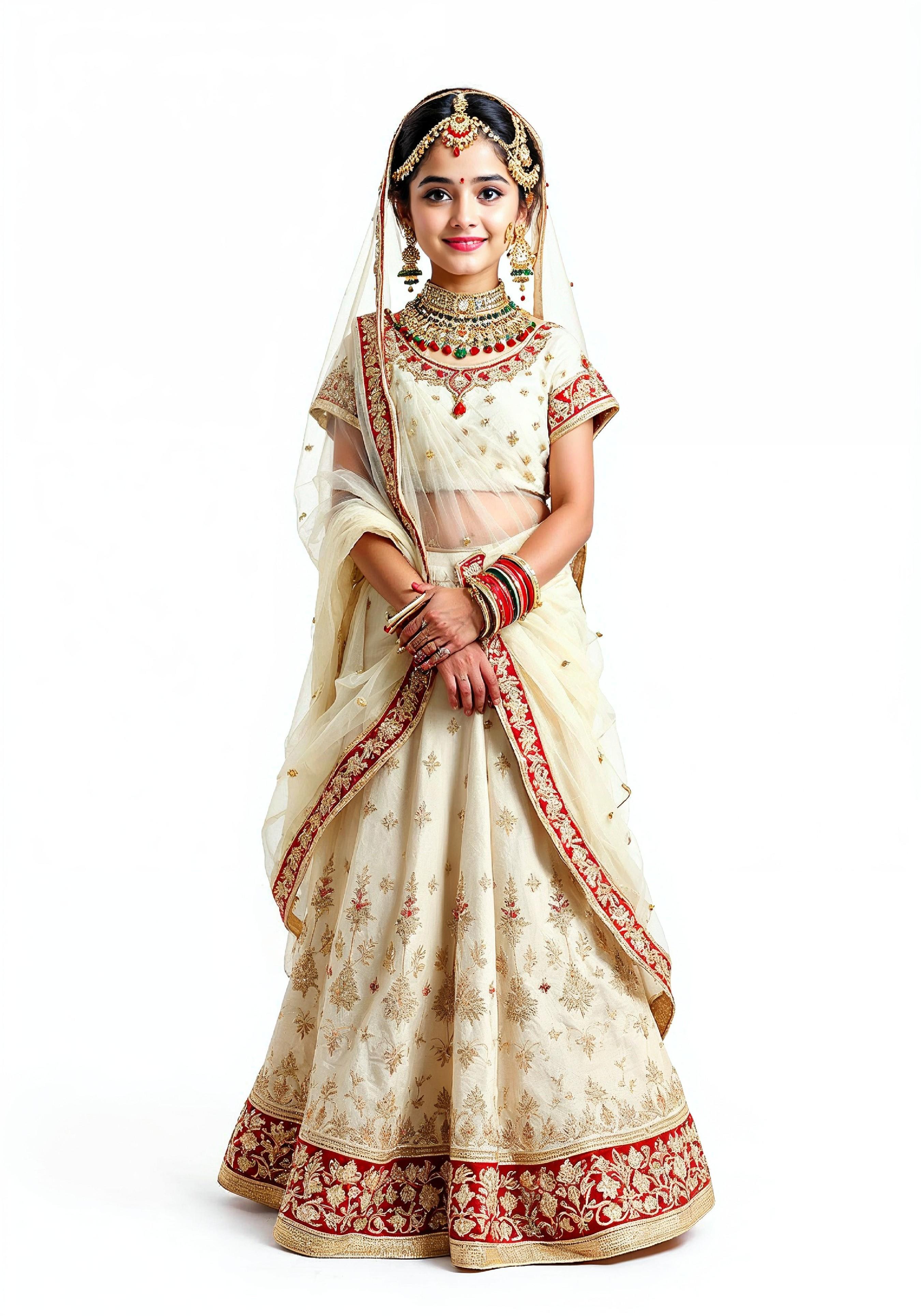 Beautiful Indian Girl in Traditional Lehenga Choli Standing Isolated on White Background