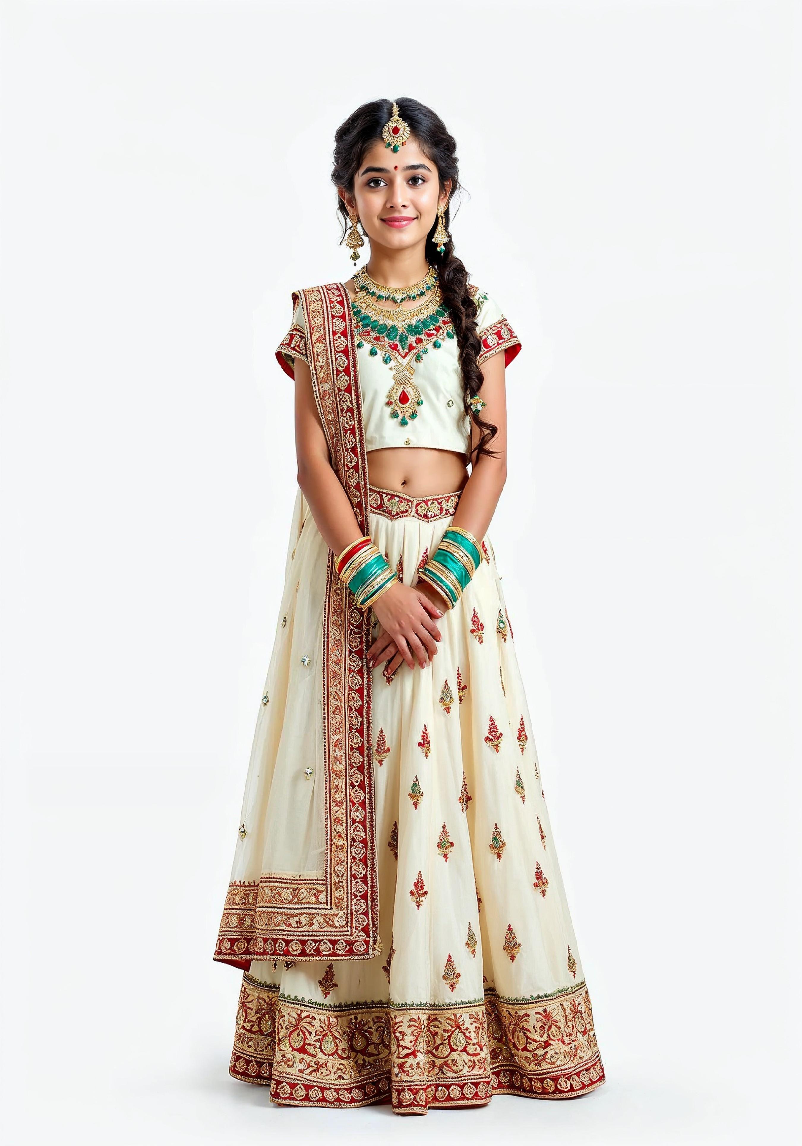 Beautiful Indian Girl in Traditional Lehenga Choli Standing Isolated on White Background