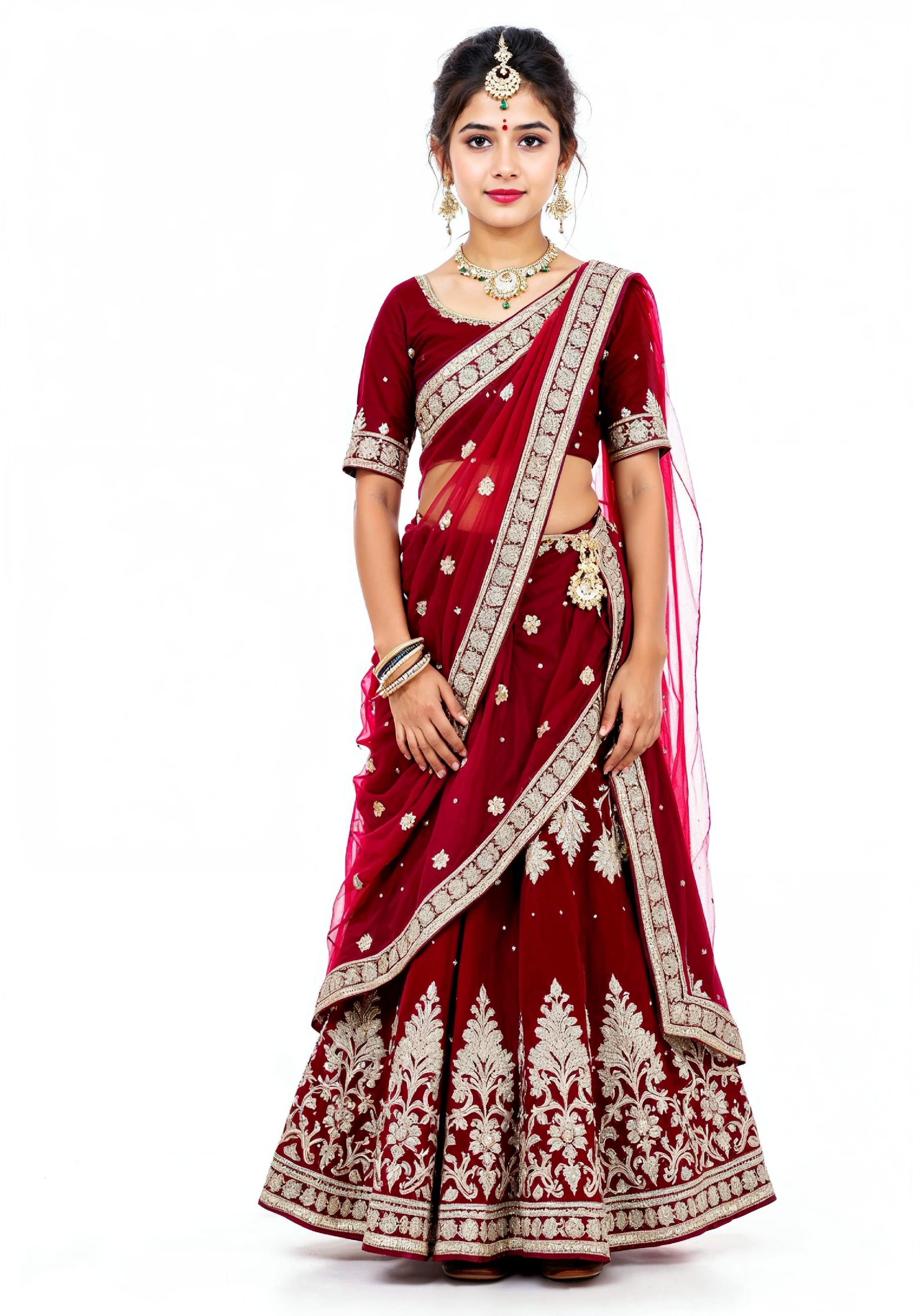 Beautiful Indian Girl in Traditional Lehenga Choli Standing Isolated on White Background