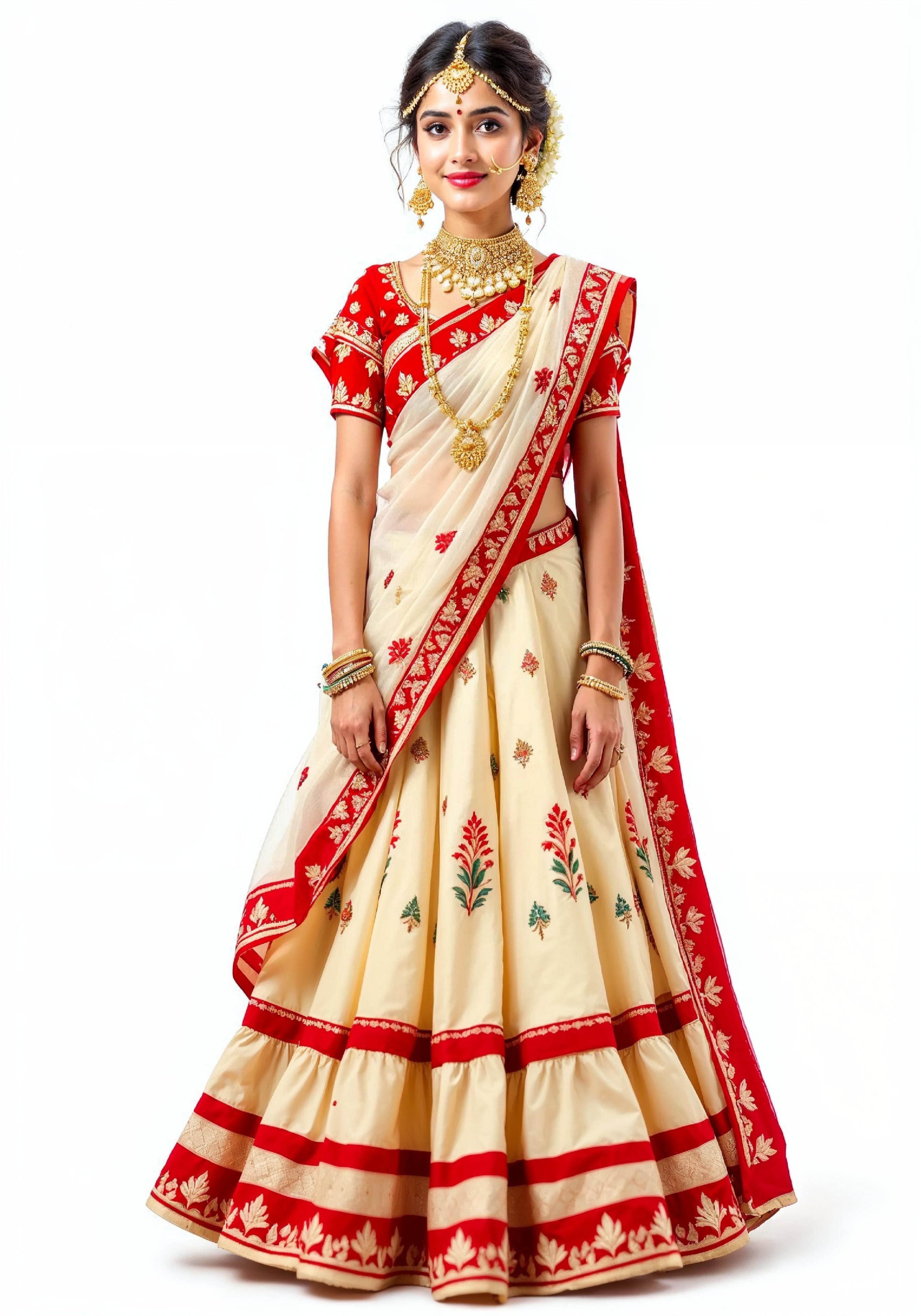 Beautiful Indian Girl in Traditional Lehenga Choli Standing Isolated on White Background