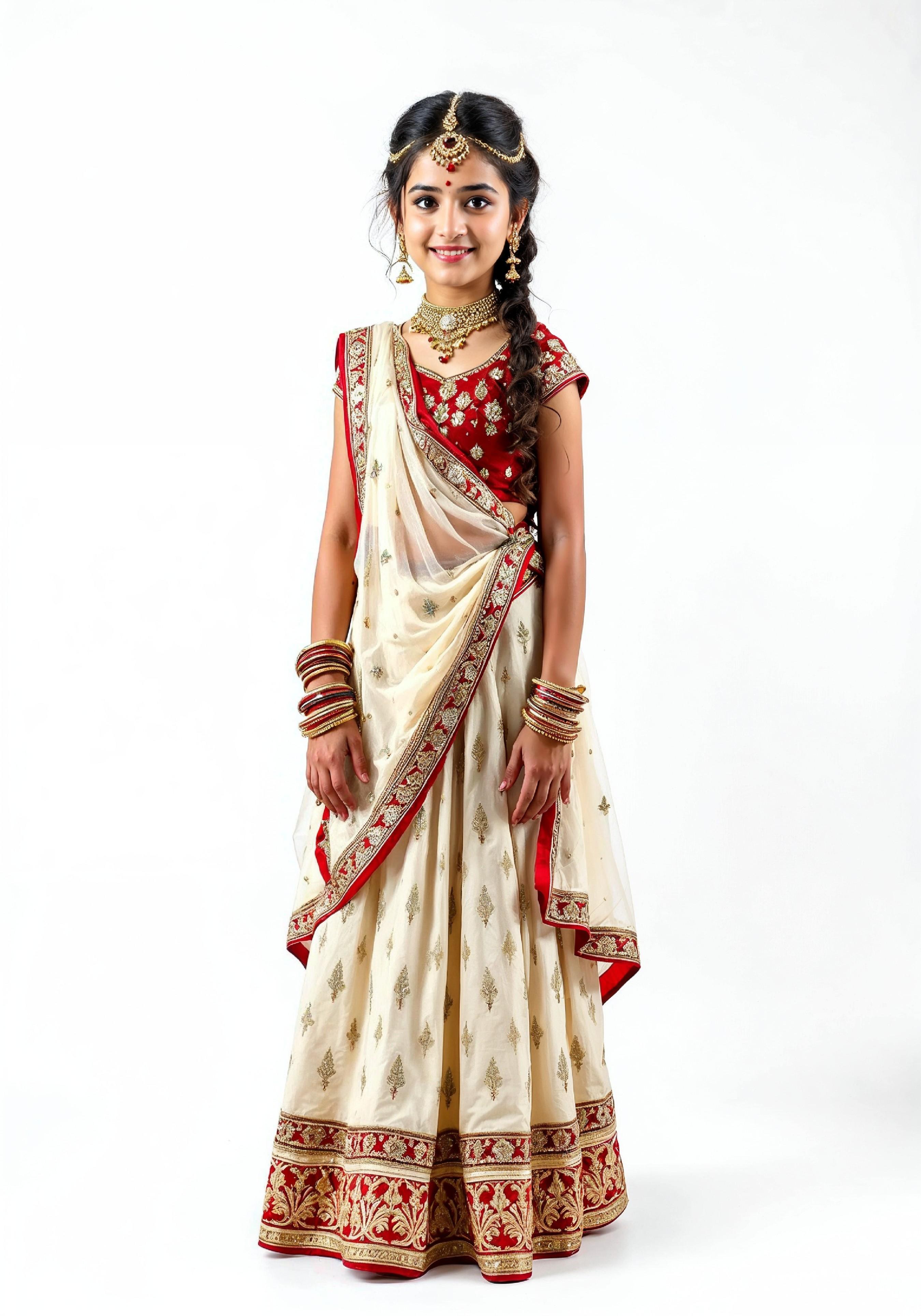 Beautiful Indian Girl in Traditional Lehenga Choli Standing Isolated on White Background