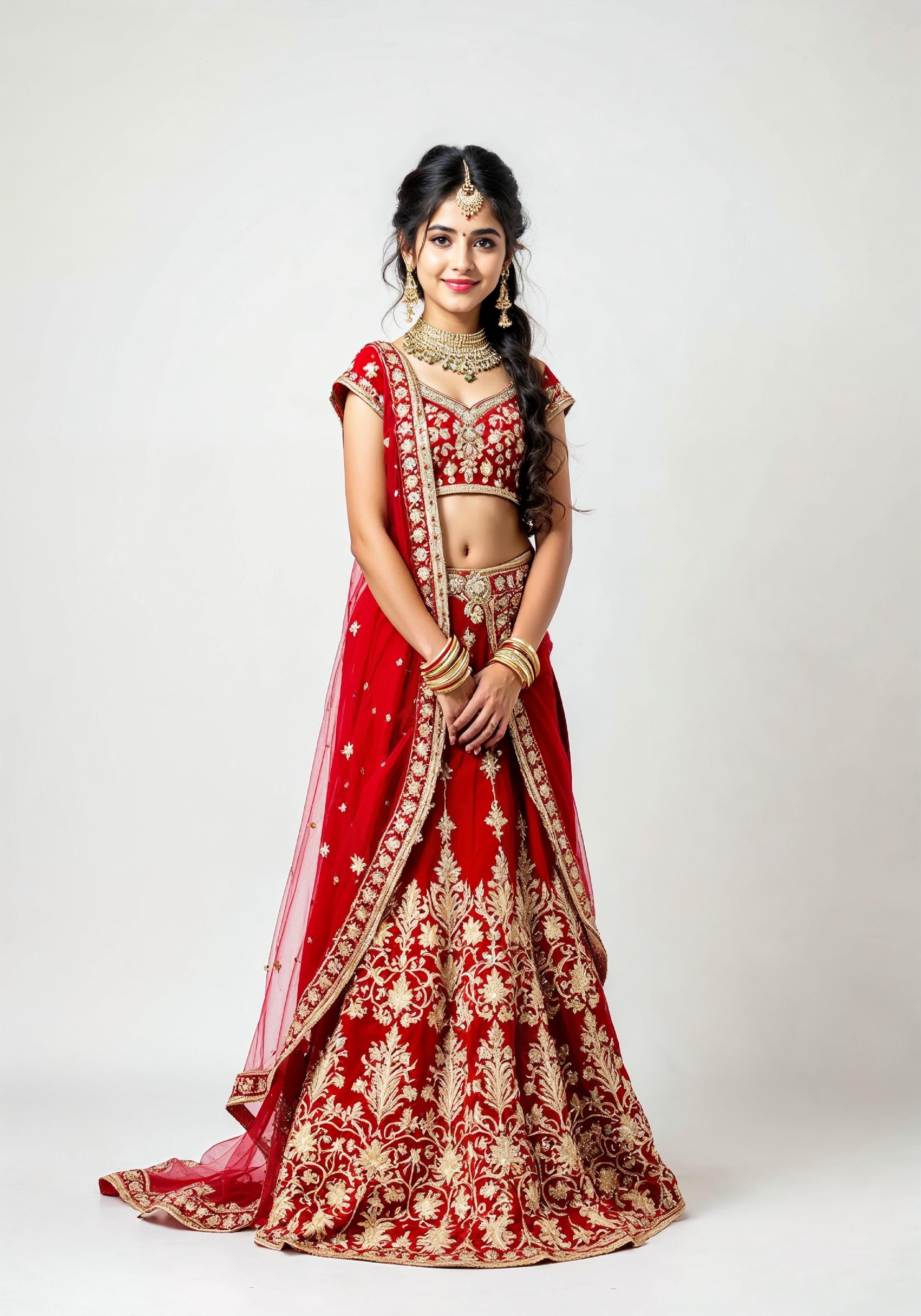Beautiful Indian Girl in Traditional Lehenga Choli Standing Isolated on White Background