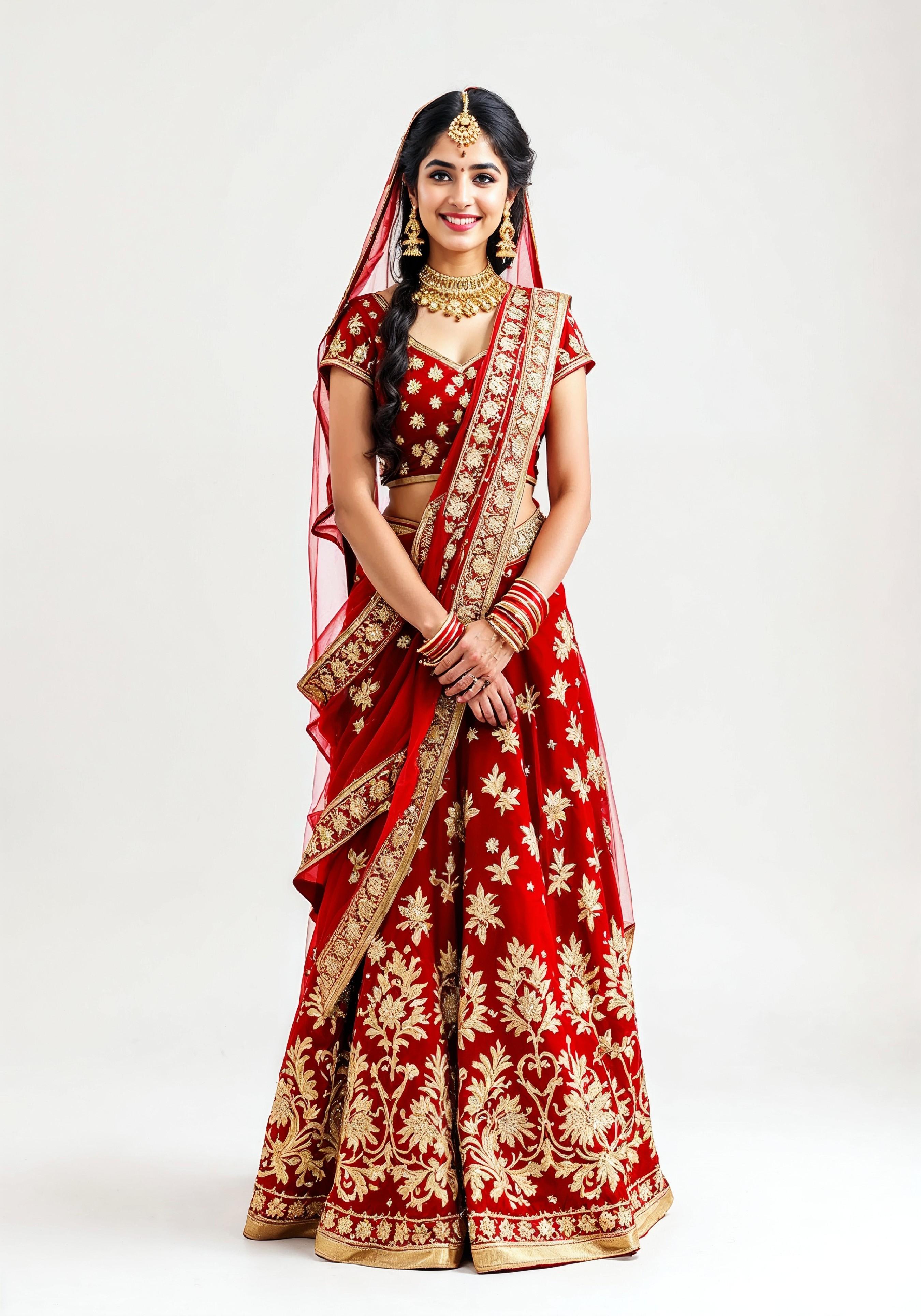 Beautiful Indian Girl in Traditional Lehenga Choli Standing Isolated on White Background