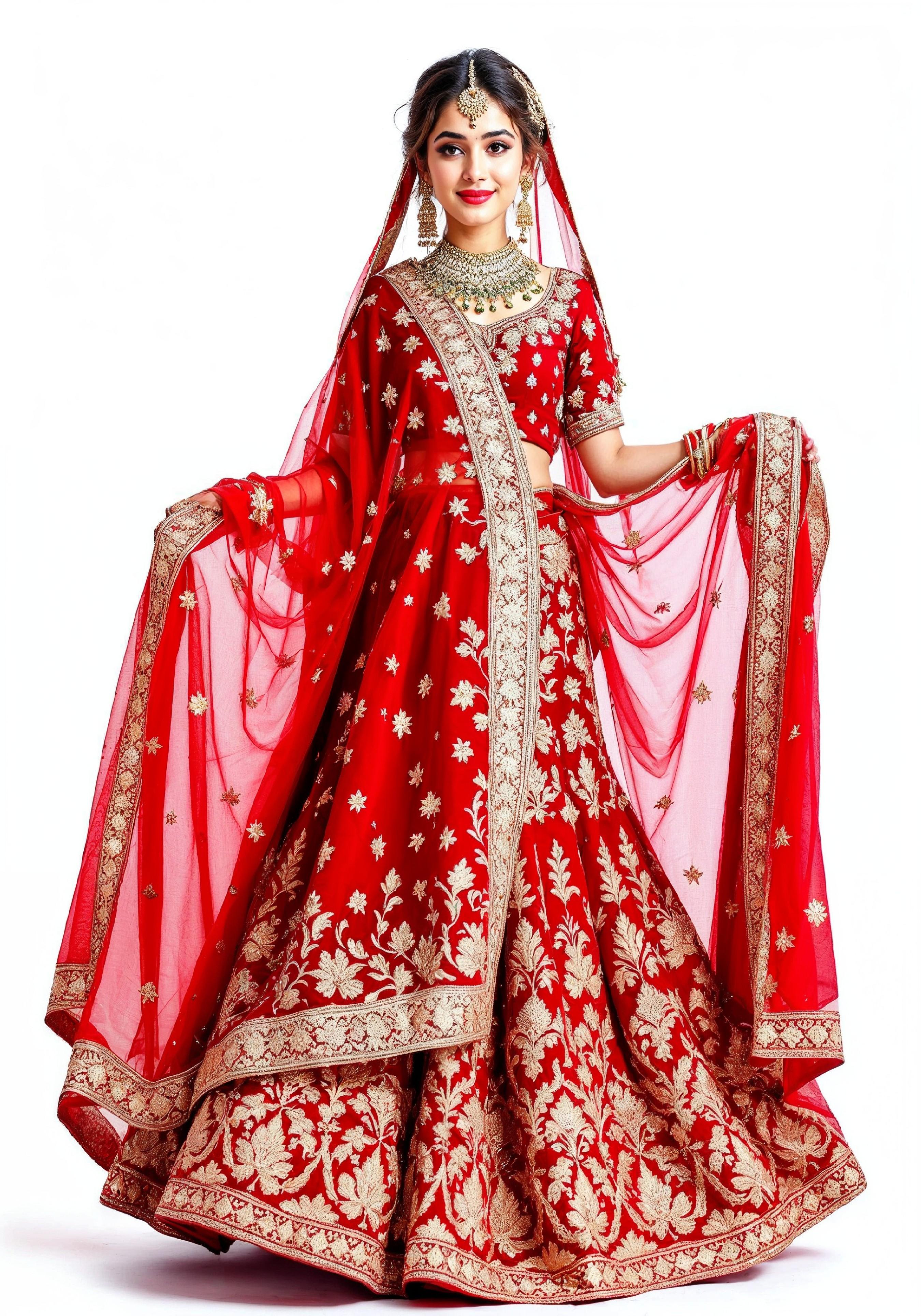 Beautiful Indian Girl in Traditional Lehenga Choli Standing Isolated on White Background