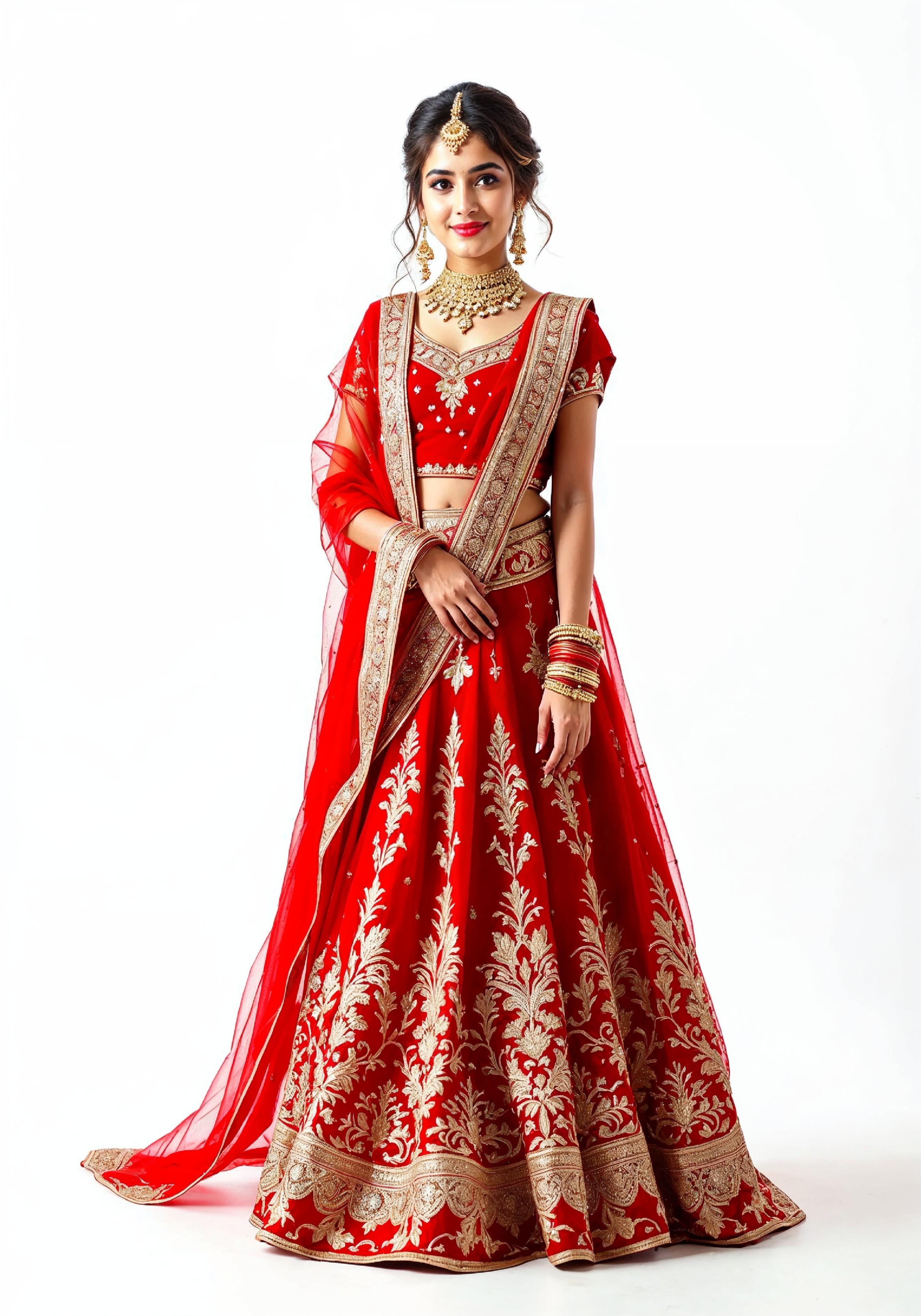 Beautiful Indian Girl in Traditional Lehenga Choli Standing Isolated on White Background