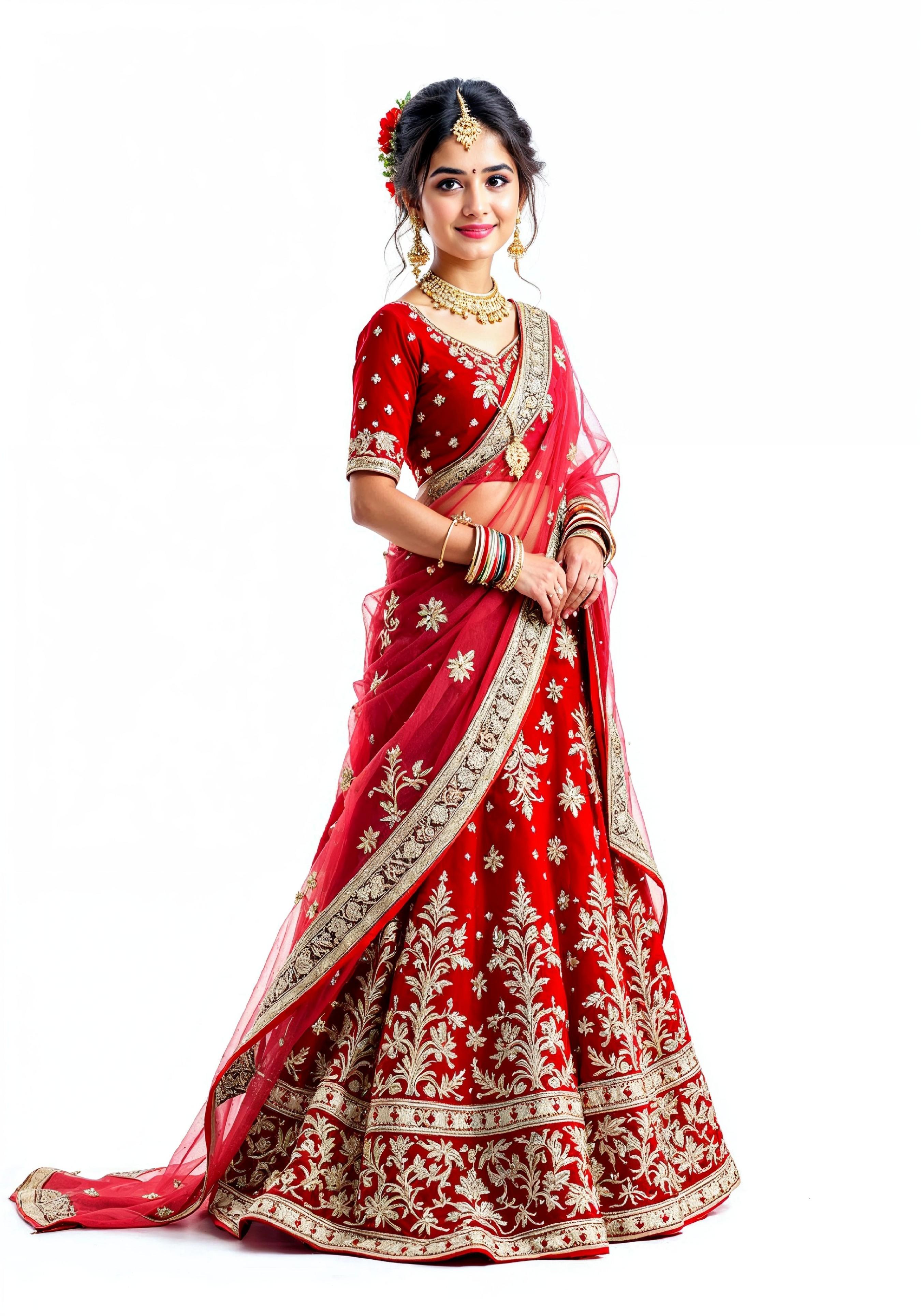 Beautiful Indian Girl in Traditional Lehenga Choli Standing Isolated on White Background
