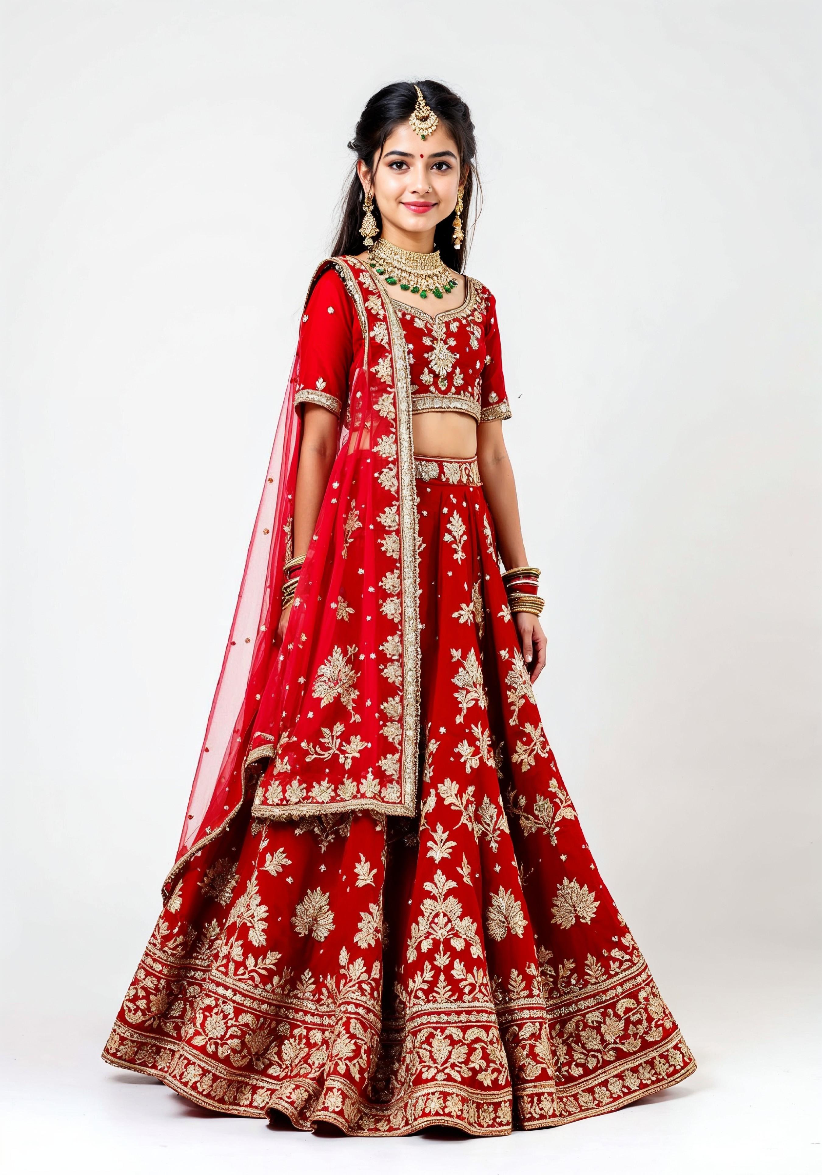 Beautiful Indian Girl in Traditional Lehenga Choli Standing Isolated on White Background
