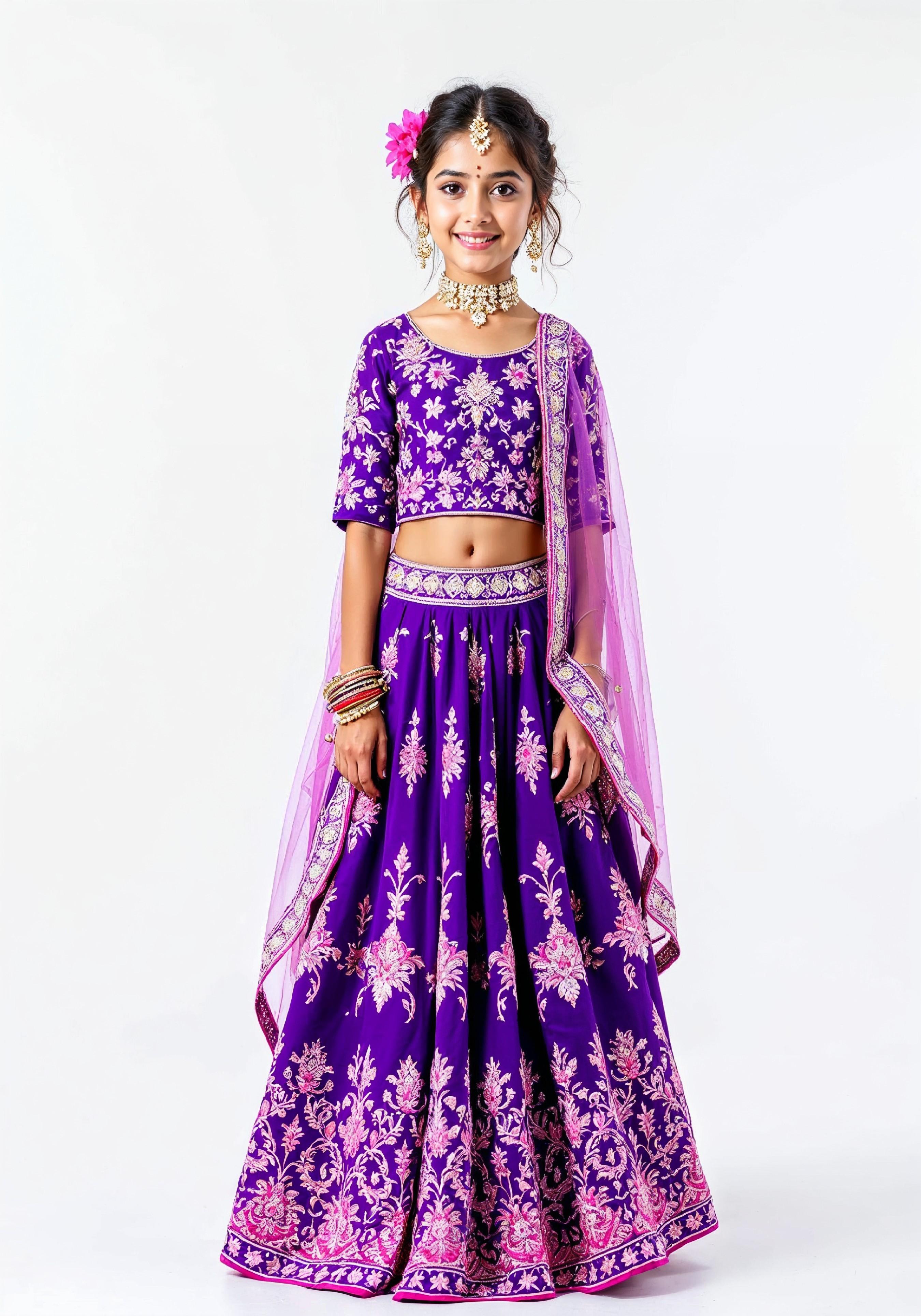 Beautiful Indian Girl in Traditional Lehenga Choli Standing Isolated on White Background