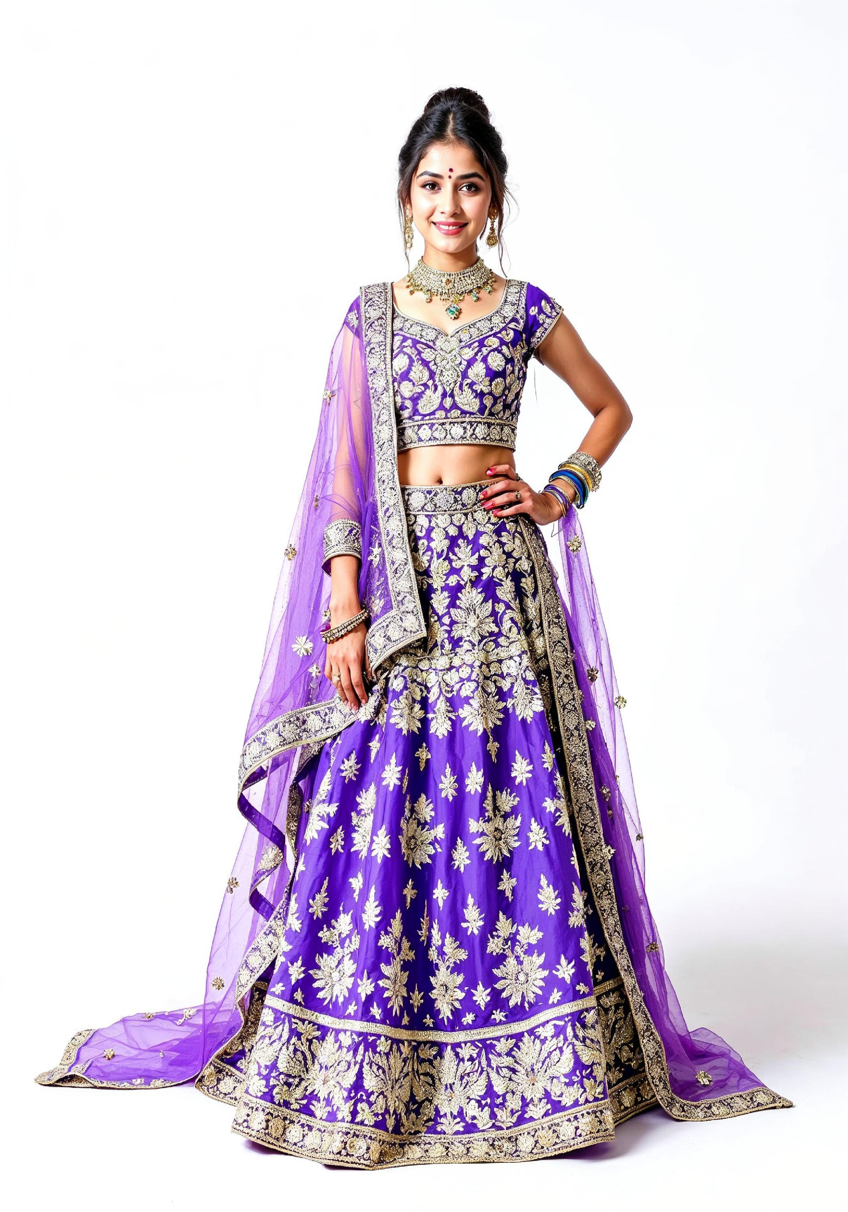 Beautiful Indian Girl in Traditional Lehenga Choli Standing Isolated on White Background