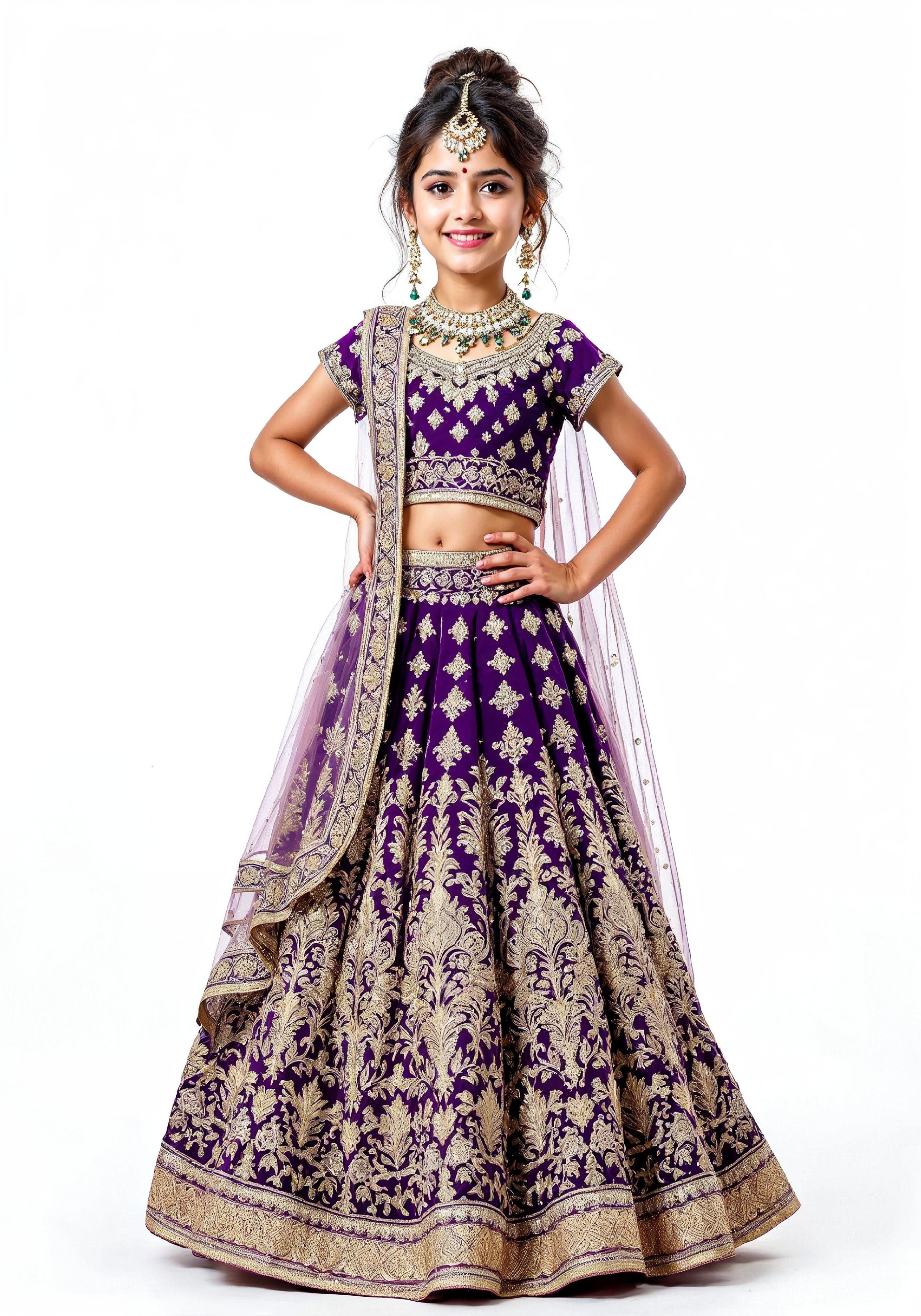 Beautiful Indian Girl in Traditional Lehenga Choli Standing Isolated on White Background