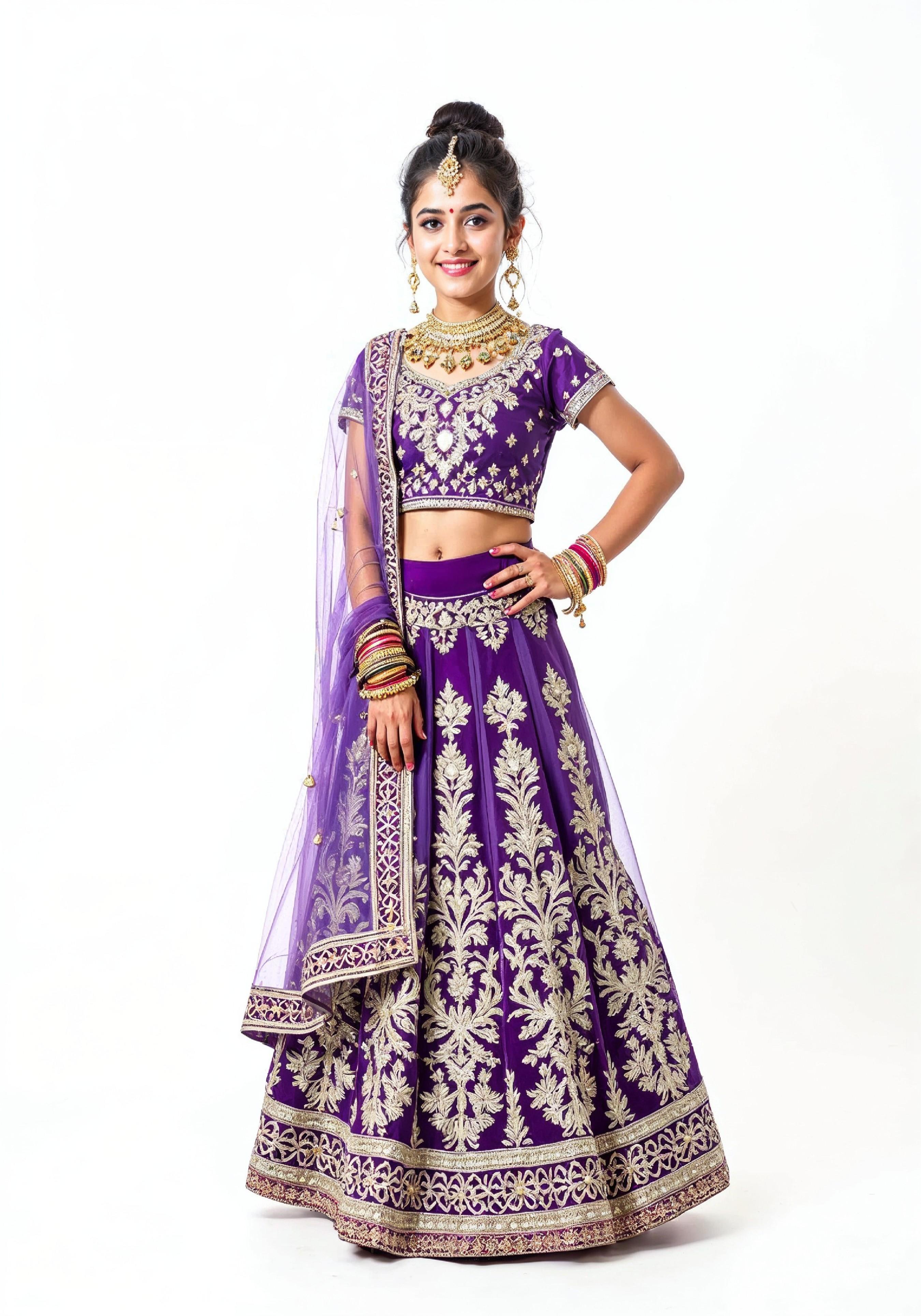Beautiful Indian Girl in Traditional Lehenga Choli Standing Isolated on White Background