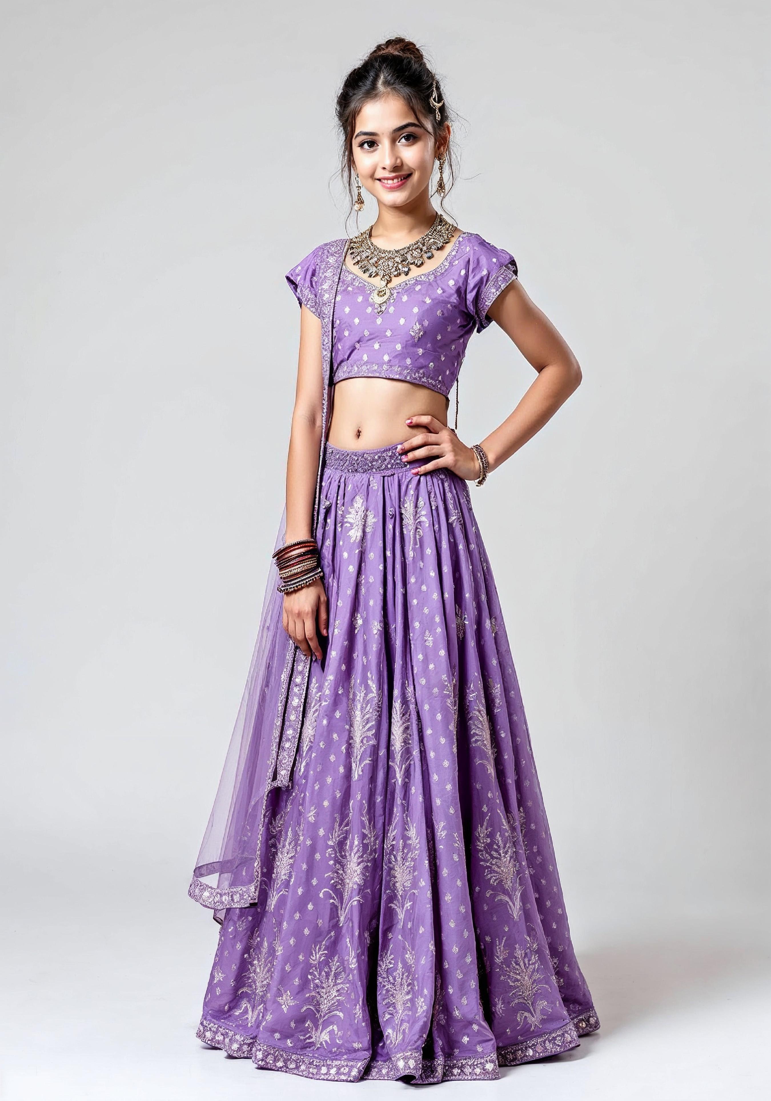 Beautiful Indian Girl in Traditional Lehenga Choli Standing Isolated on White Background