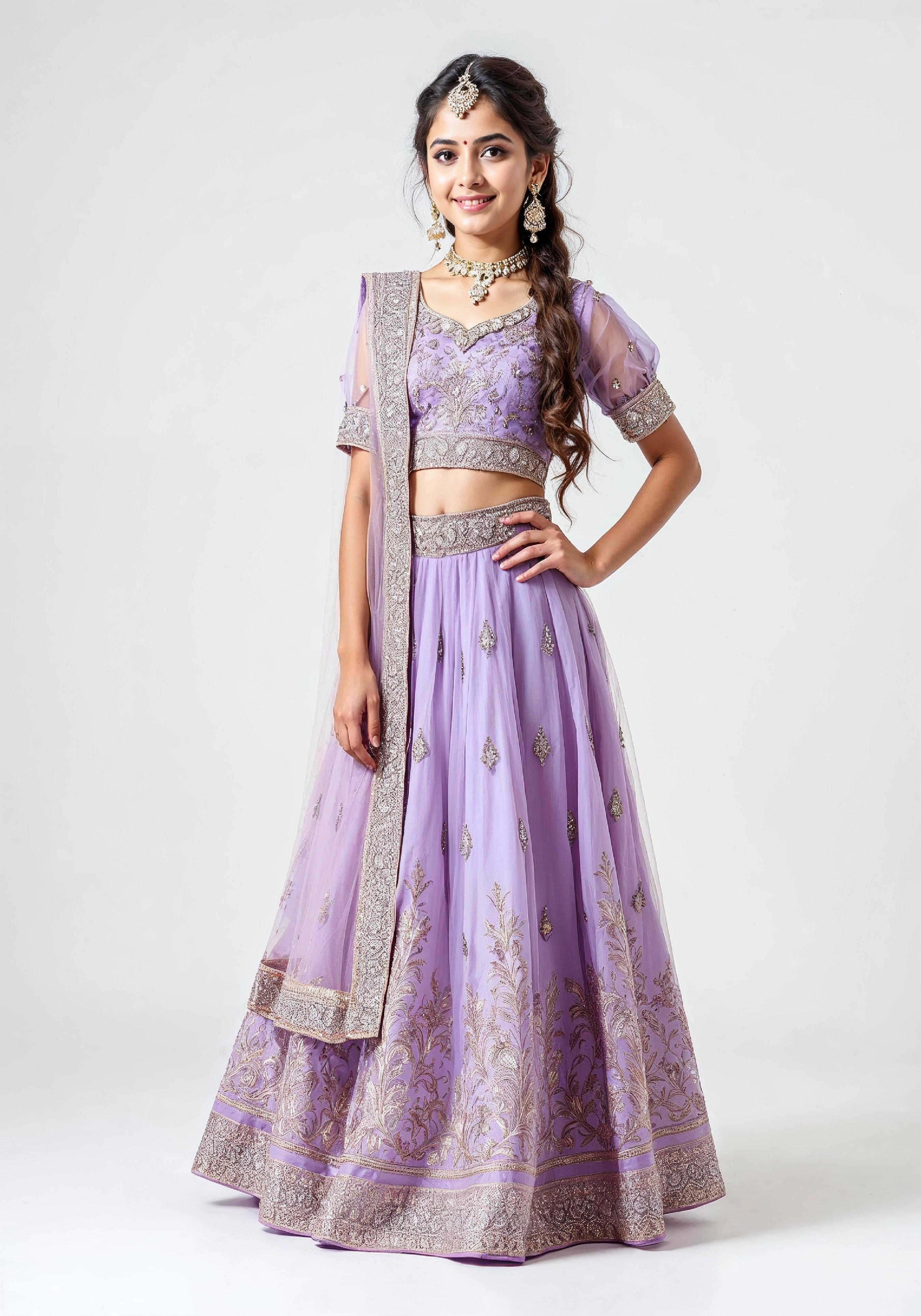 Beautiful Indian Girl in Traditional Lehenga Choli Standing Isolated on White Background