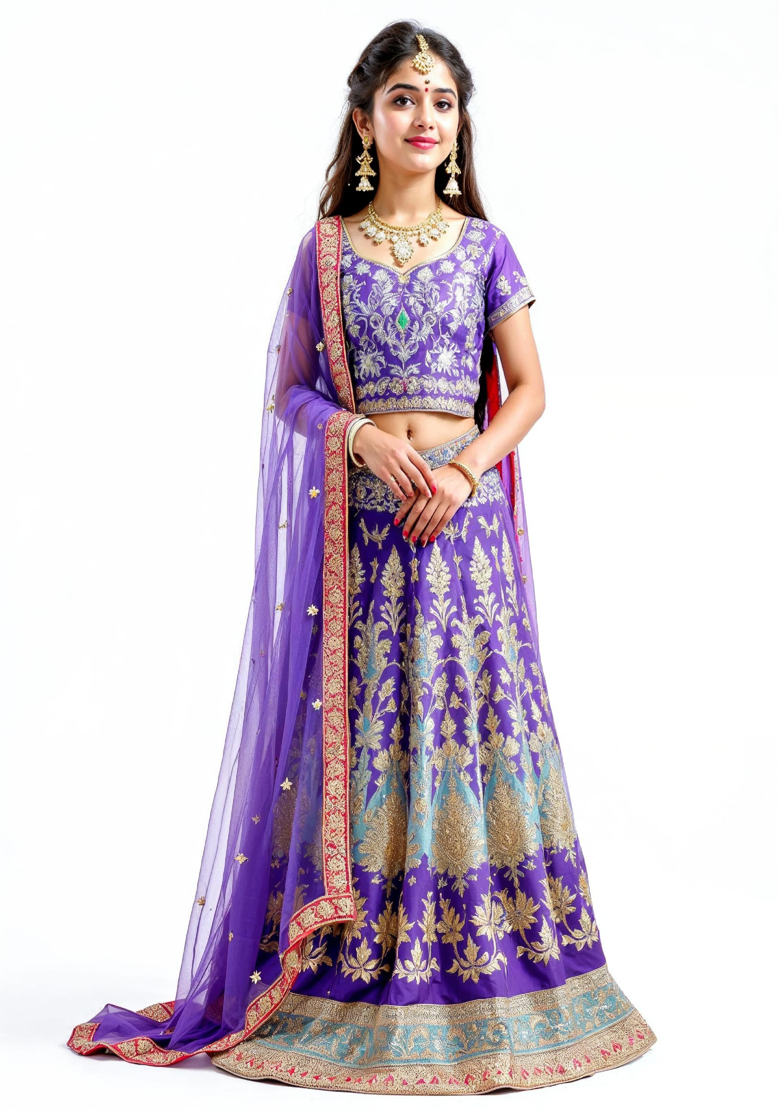 Beautiful Indian Girl in Traditional Lehenga Choli Standing Isolated on White Background