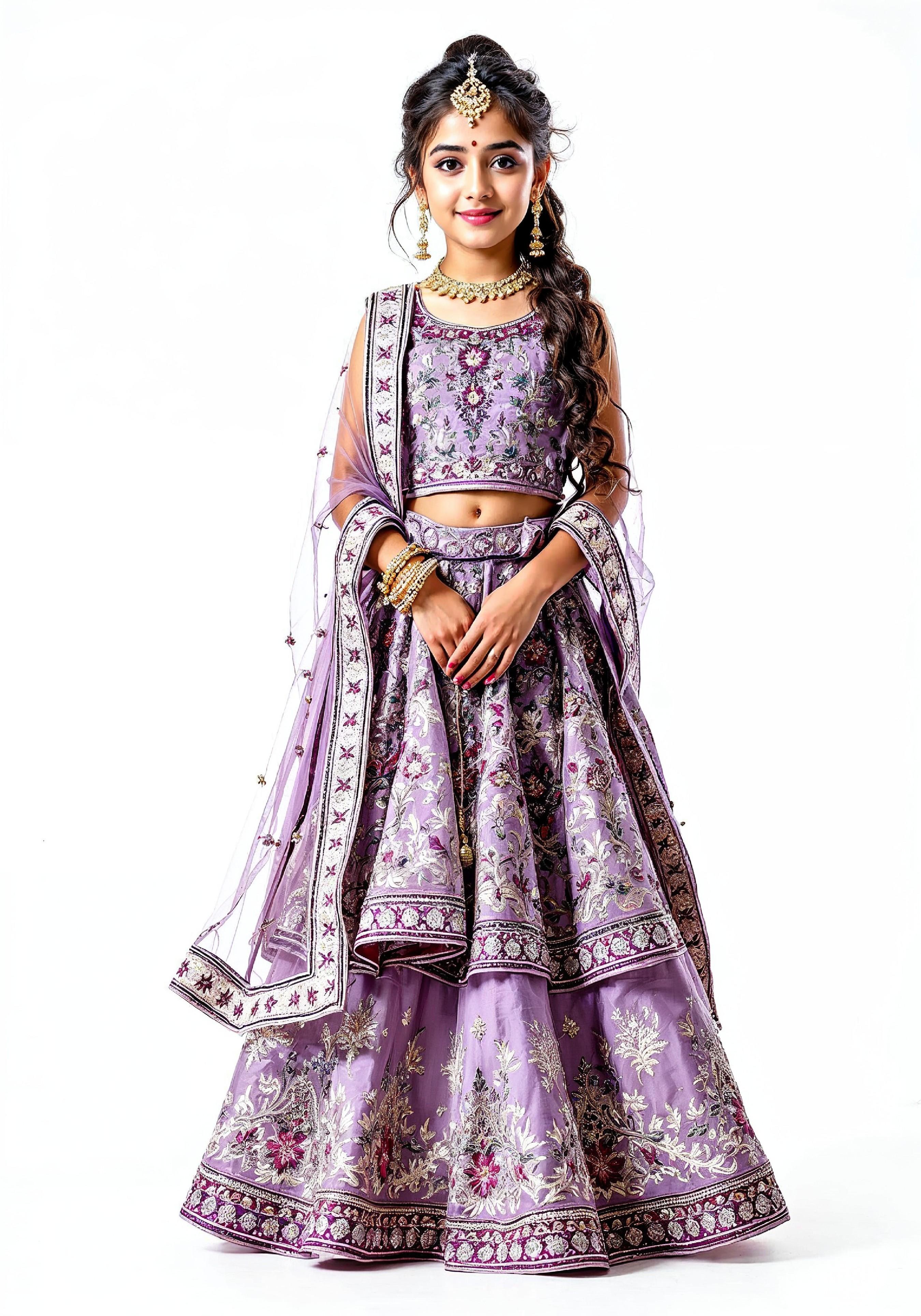Beautiful Indian Girl in Traditional Lehenga Choli Standing Isolated on White Background