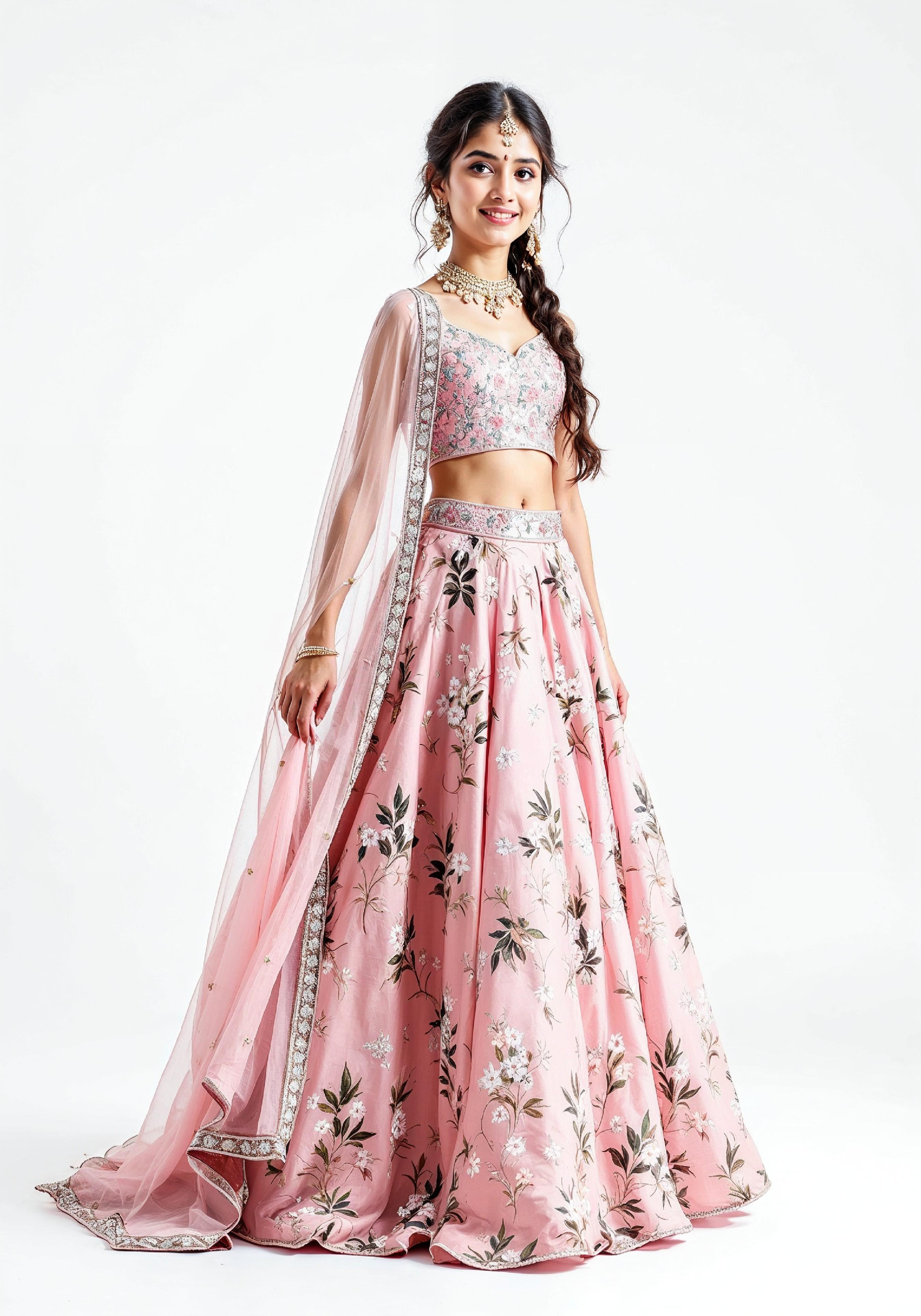 Beautiful Indian Girl in Traditional Lehenga Choli Standing Isolated on White Background