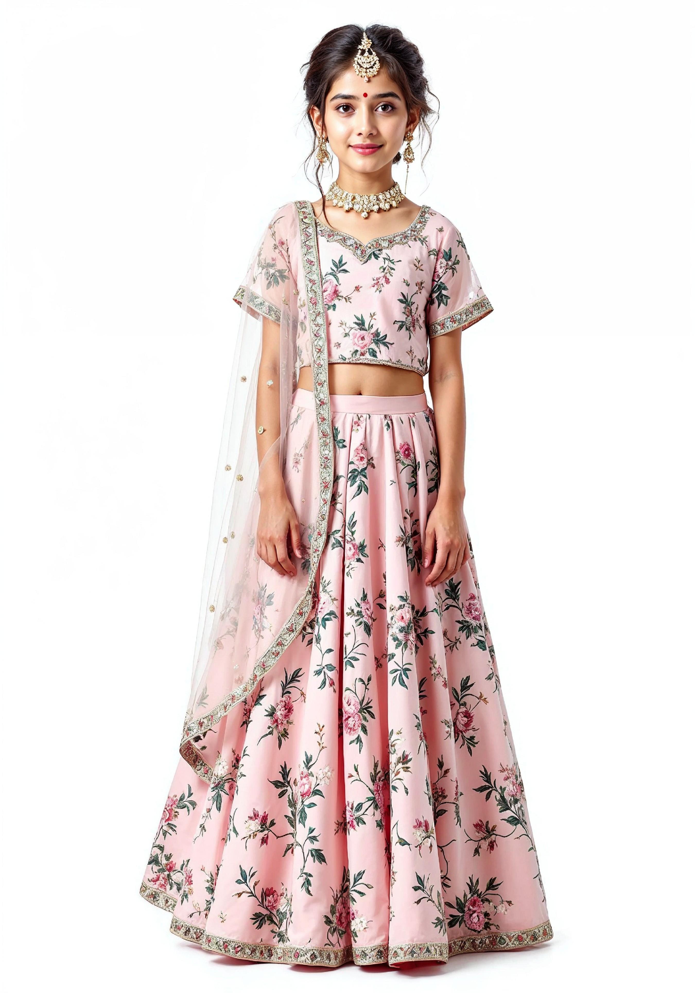 Beautiful Indian Girl in Traditional Lehenga Choli Standing Isolated on White Background