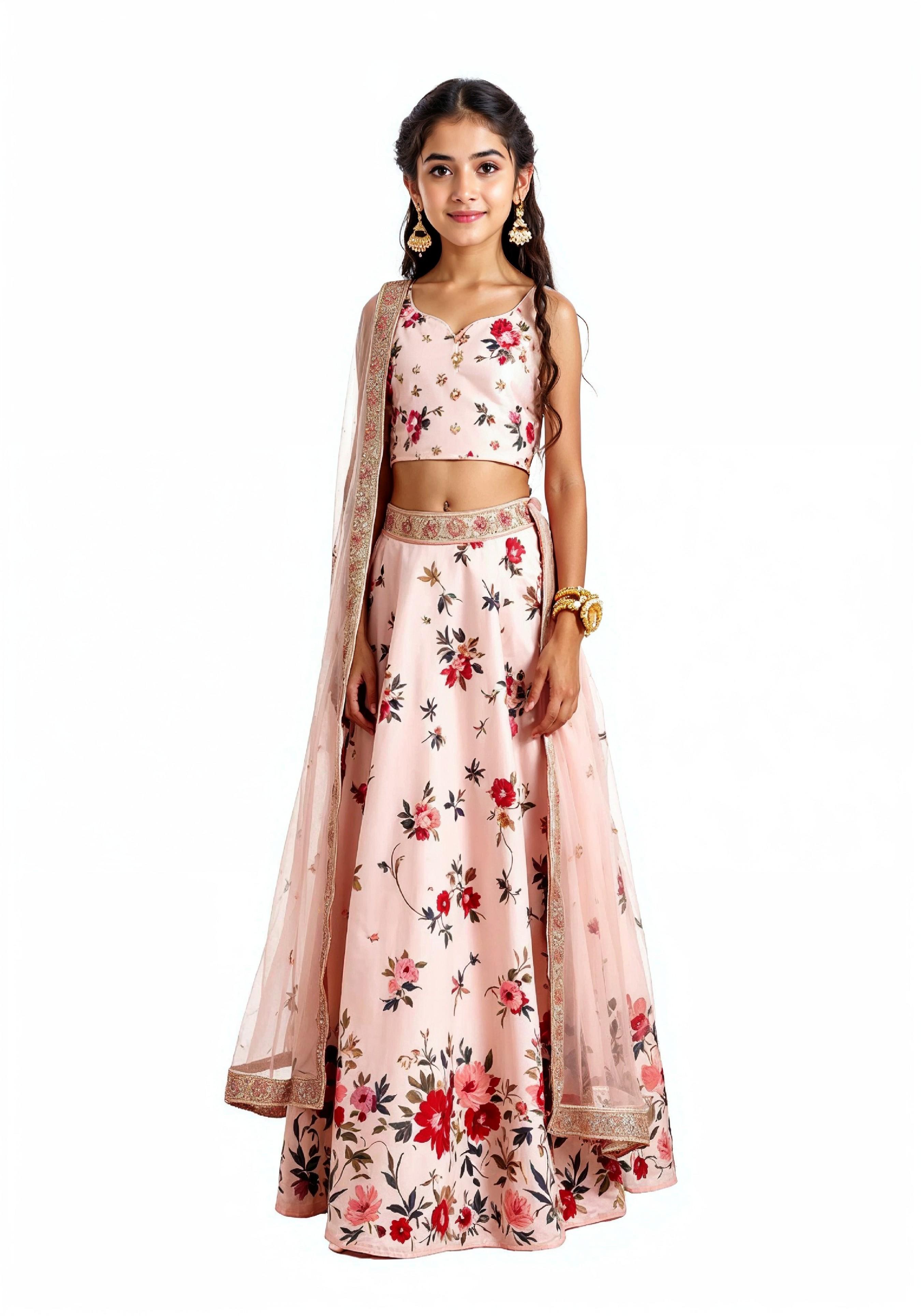 Beautiful Indian Girl in Traditional Lehenga Choli Standing Isolated on White Background